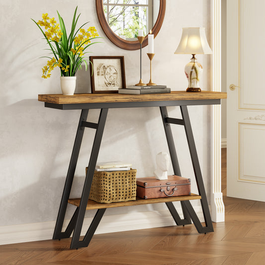 Console Table for Entryway, Space Saving Small Entryway Table with Open Shelves, Narrow Sofa Table Behind Couch for Living Room, Hallway, Easy Assembly, Wooden Top