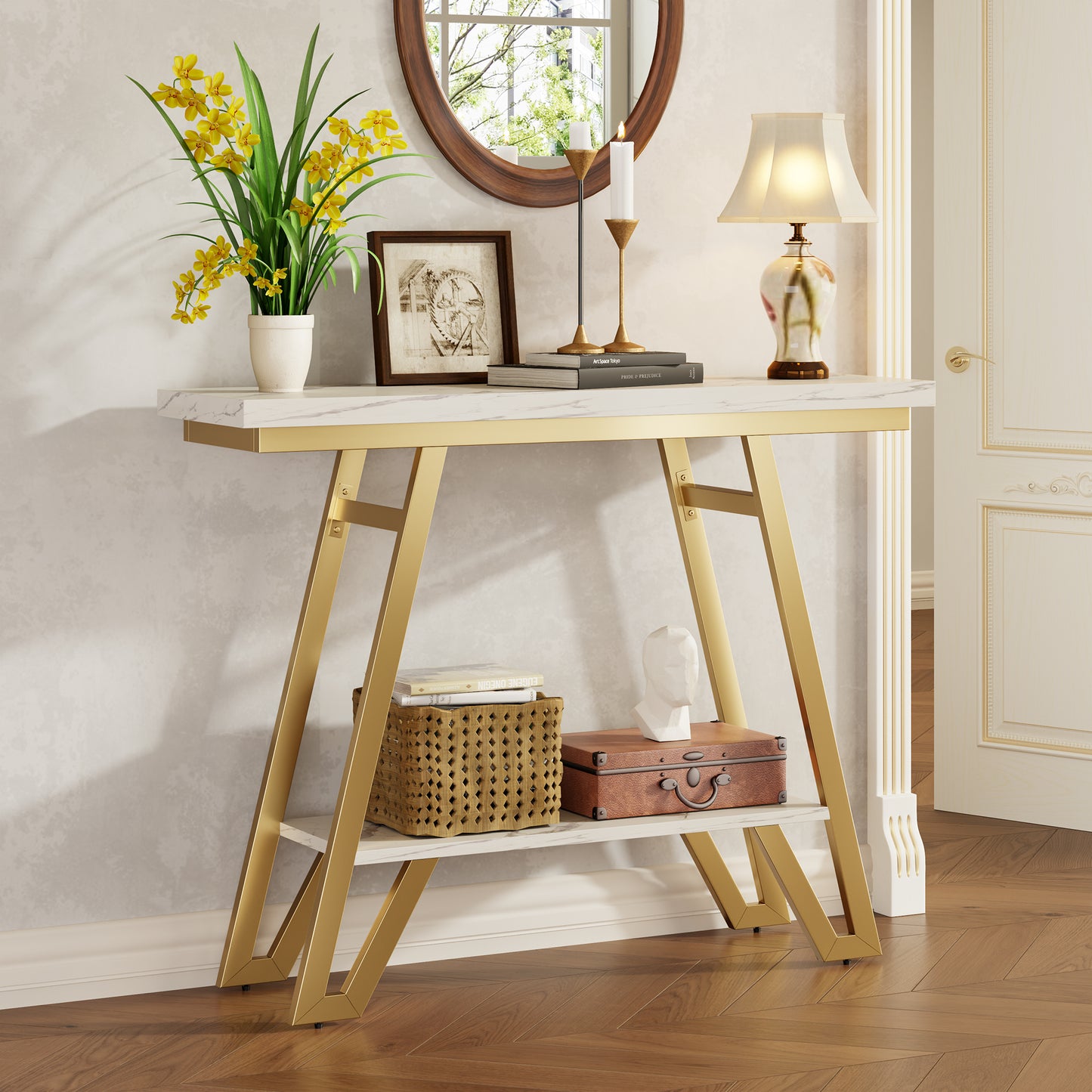 Console Table for Entryway, Space Saving Small Entryway Table with Open Shelves, Narrow Sofa Table Behind Couch for Living Room, Hallway, Easy Assembly, Wooden Top