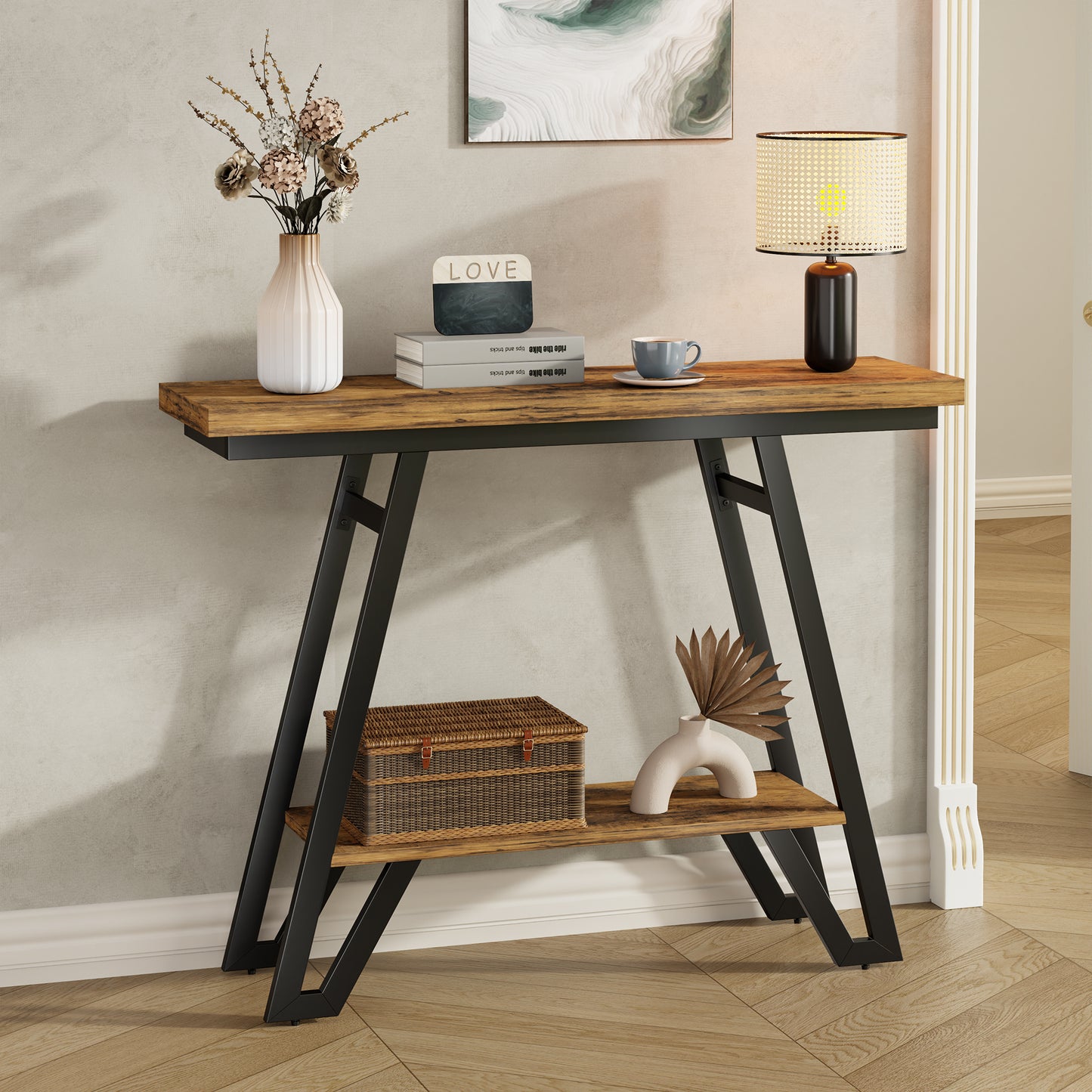 Console Table for Entryway, Space Saving Small Entryway Table with Open Shelves, Narrow Sofa Table Behind Couch for Living Room, Hallway, Easy Assembly, Wooden Top