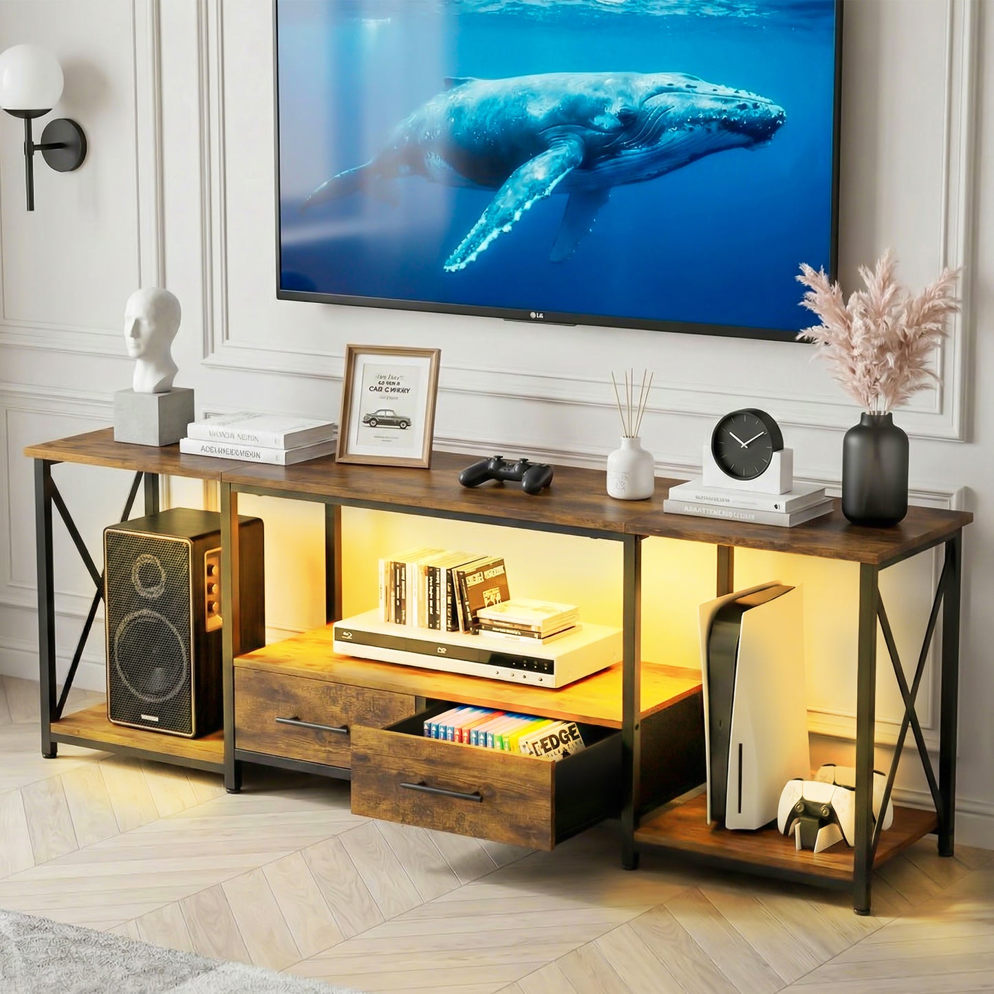 TV Stand for 75 Inch TV with Storage Drawers and Open Shelves, 63" Entertainment Center with LED Light and Charging Station, TV Cabinet Midea Console for Living Room, Bedroom(Rustic Brown)