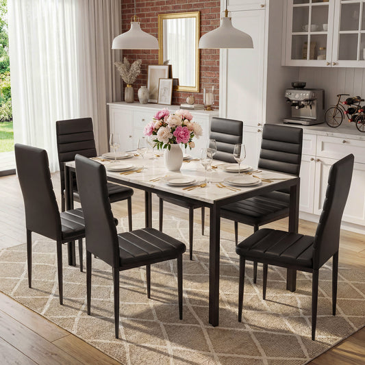 7 Piece Dining Table Set, Marble Dining Room Table Set for 6, Space Saving Kitchen Table and Chairs for 6, Dinner Table Set for Living Room, Sturdy Metal Frame, Small Spaces.