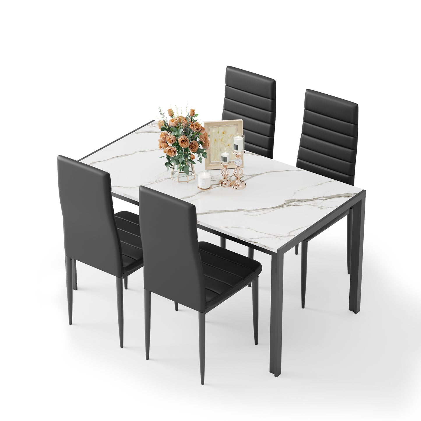 Dining Table Set for 4, Marble Dining Room Table Set for 4, Space Saving Kitchen Table and Chairs for 4, 5 Piece Dining Table Set with Sturdy Metal Frame for Living Room, Small Spaces.