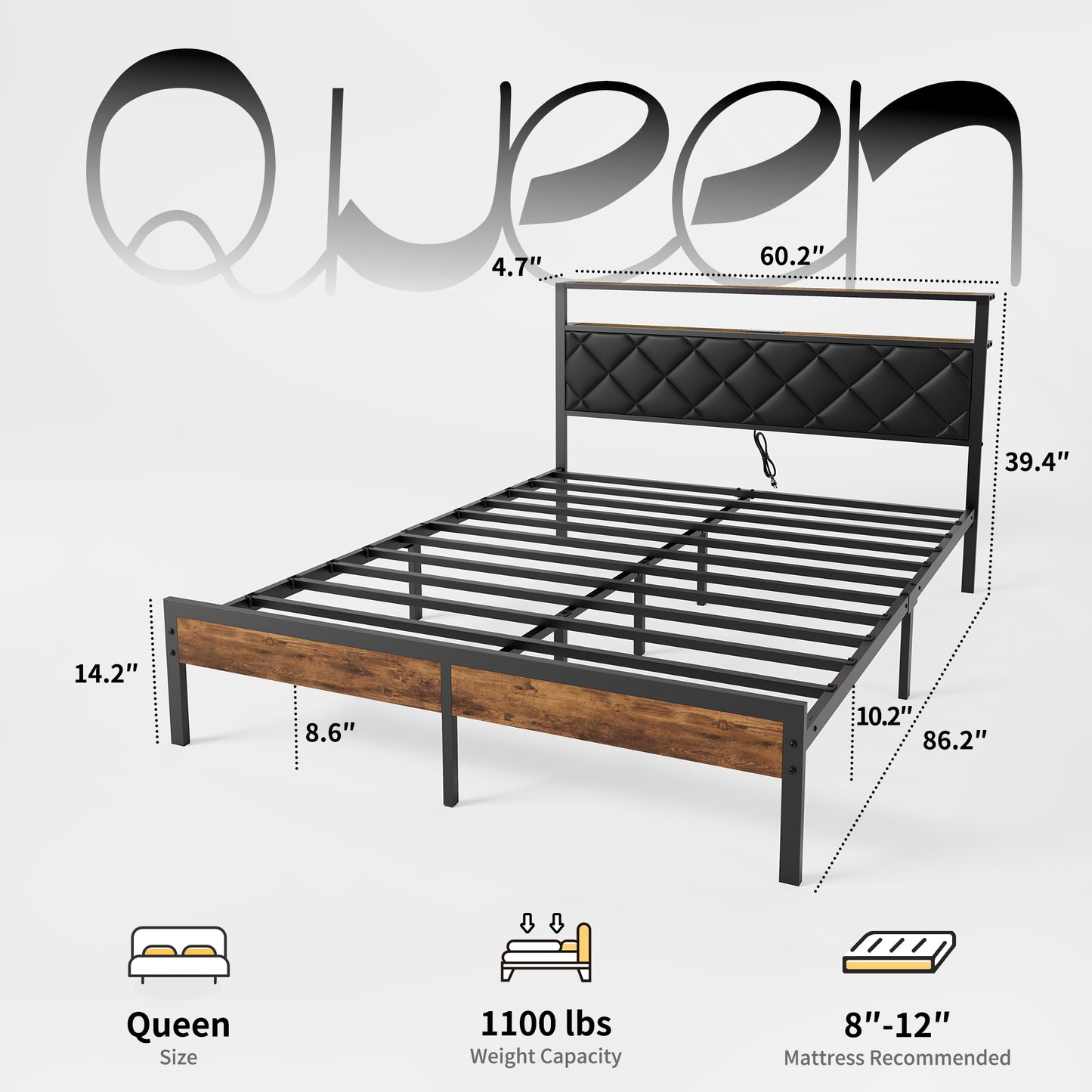 Lofitage Queen Bed Frame with Storage Headboard and Footboard, Metal Platform Bed Frame with Charging Station and LED Lights, Noise Free & Easy Assembly, Upholstered Headboard, No Box Spring Needed.
