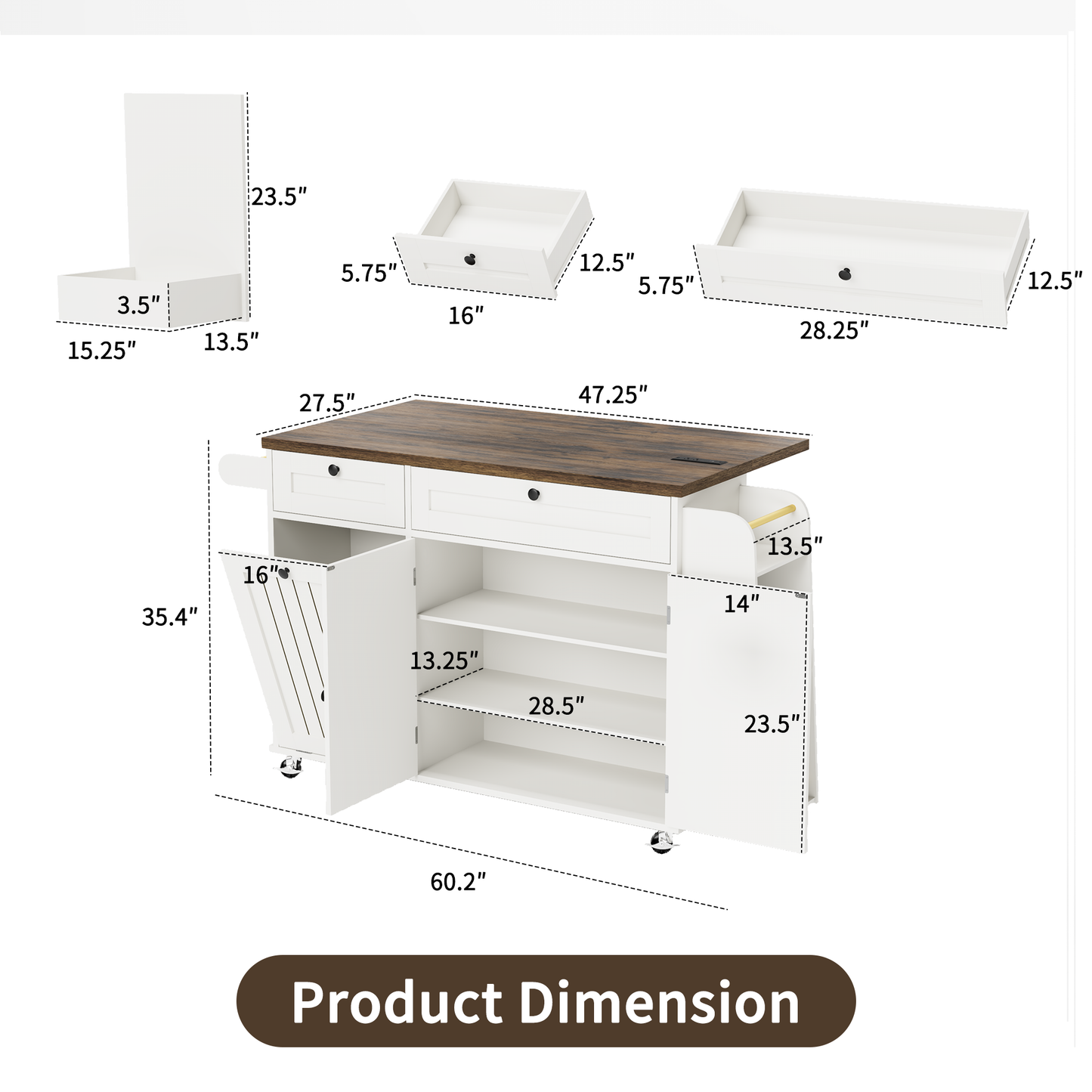 60.2" Rolling Kitchen Island with Storage & Power Outlet, Island Table for Kitchen with Drop Leaf, Hidden Trash Can, 3 Open Spice Rack & Towel Rack, Kitchen Island on Wheels, White