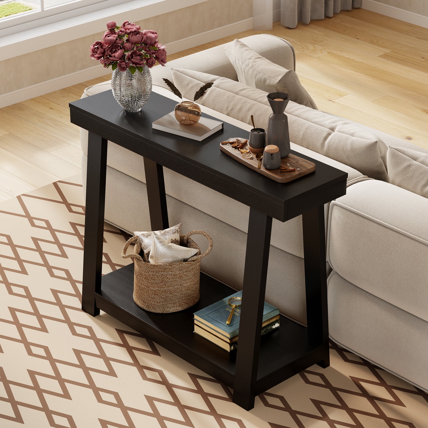 43.5'' Wood Entryway Table, Narrow Console Table with Storage, Behind Couch Sofa Table with Open Shelves for Hallway, Narrow Space, Easy Assembly, Black