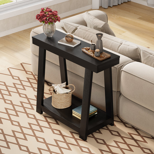 Small Solid Wood Console Table, Narrow Entryway Table with Open Shelves, Behind Couch Sofa Table for Hallway, Living Room, Foyer, Easy Assembly, 36'' Inch, Black