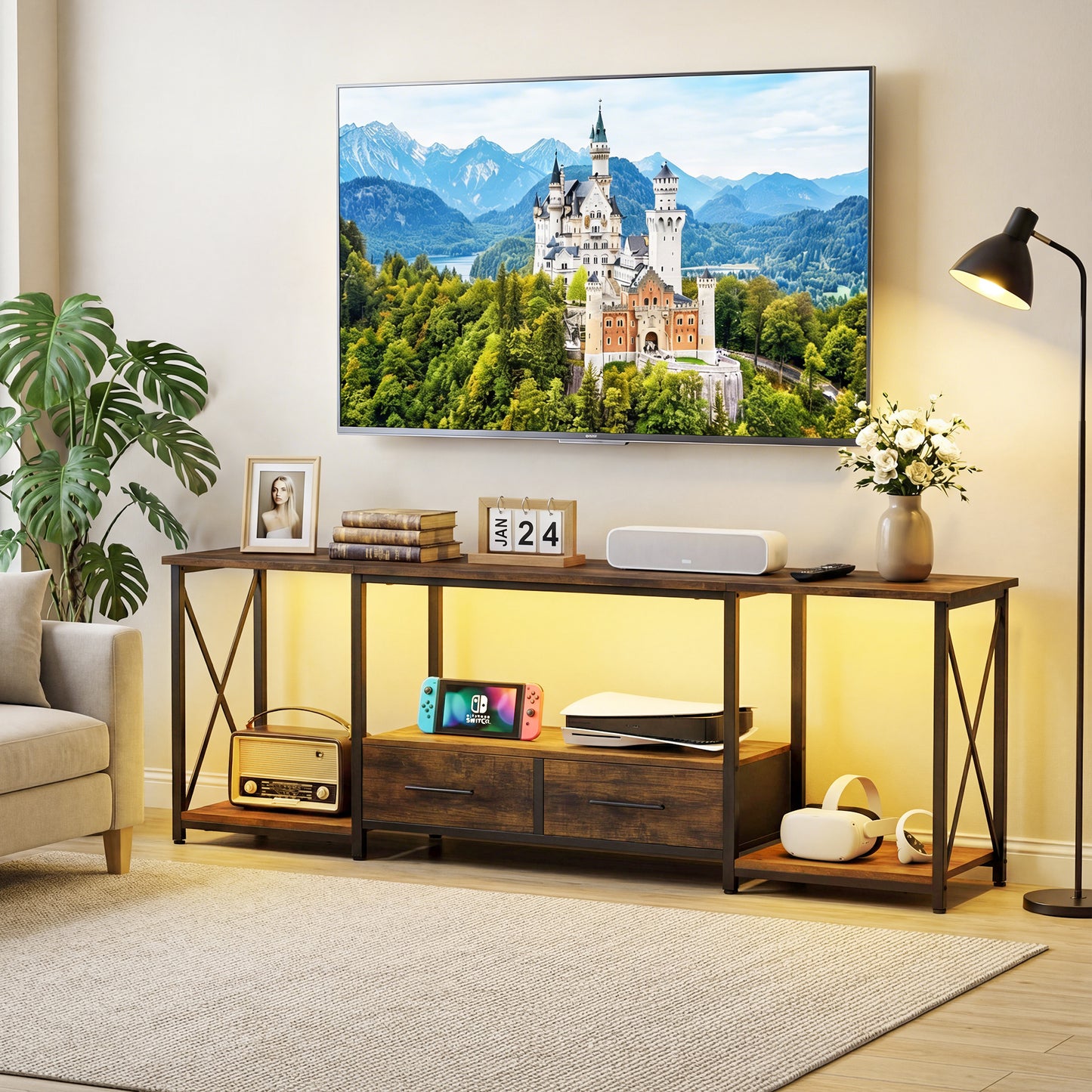 TV Stand for 75 Inch TV with Storage Drawers and Open Shelves, 63" Entertainment Center with LED Light and Charging Station, TV Cabinet Midea Console for Living Room, Bedroom(Rustic Brown)