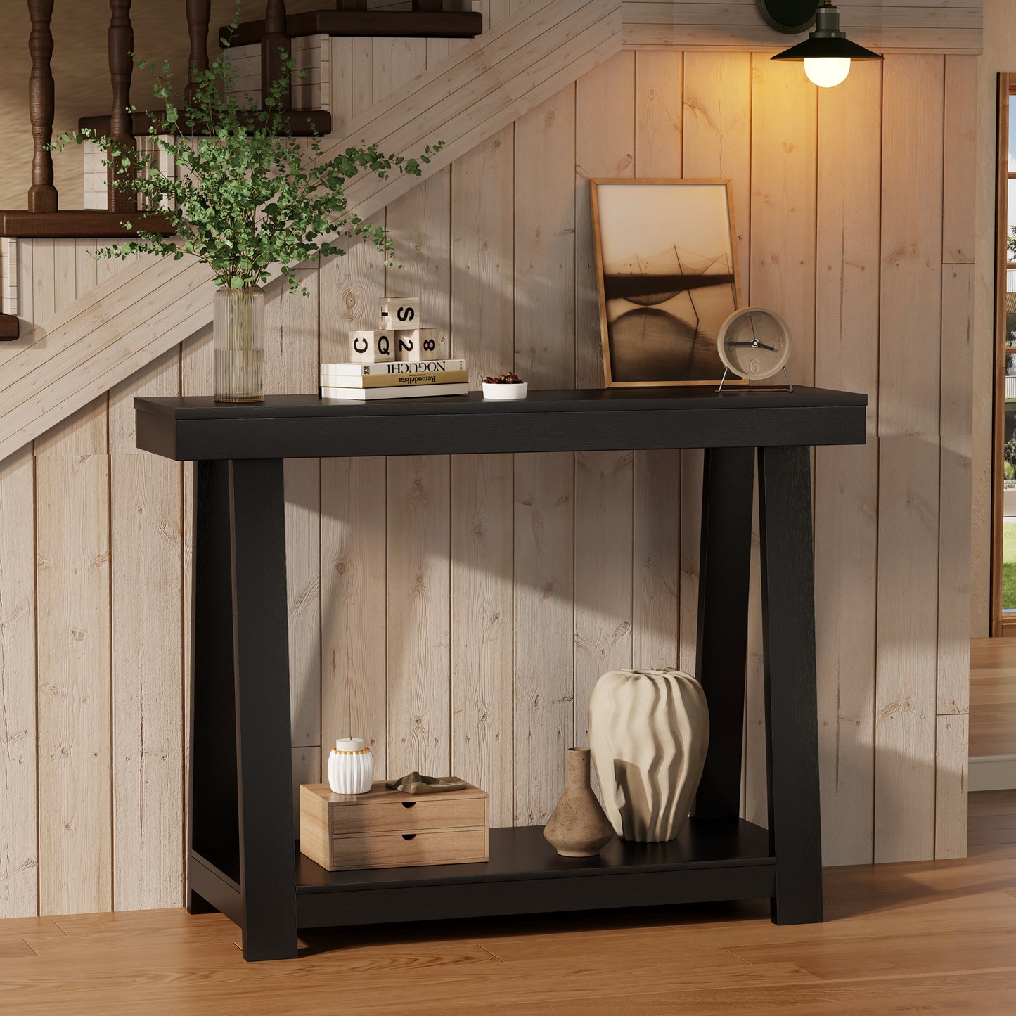 43.5'' Wood Entryway Table, Narrow Console Table with Storage, Behind Couch Sofa Table with Open Shelves for Hallway, Narrow Space, Easy Assembly, Black