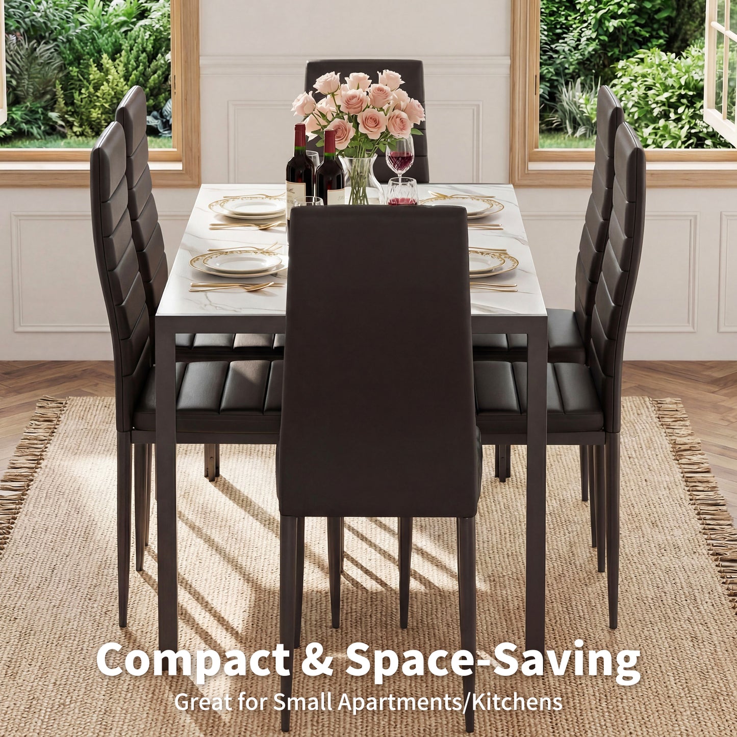7 Piece Dining Table Set, Marble Dining Room Table Set for 6, Space Saving Kitchen Table and Chairs for 6, Dinner Table Set for Living Room, Sturdy Metal Frame, Small Spaces.
