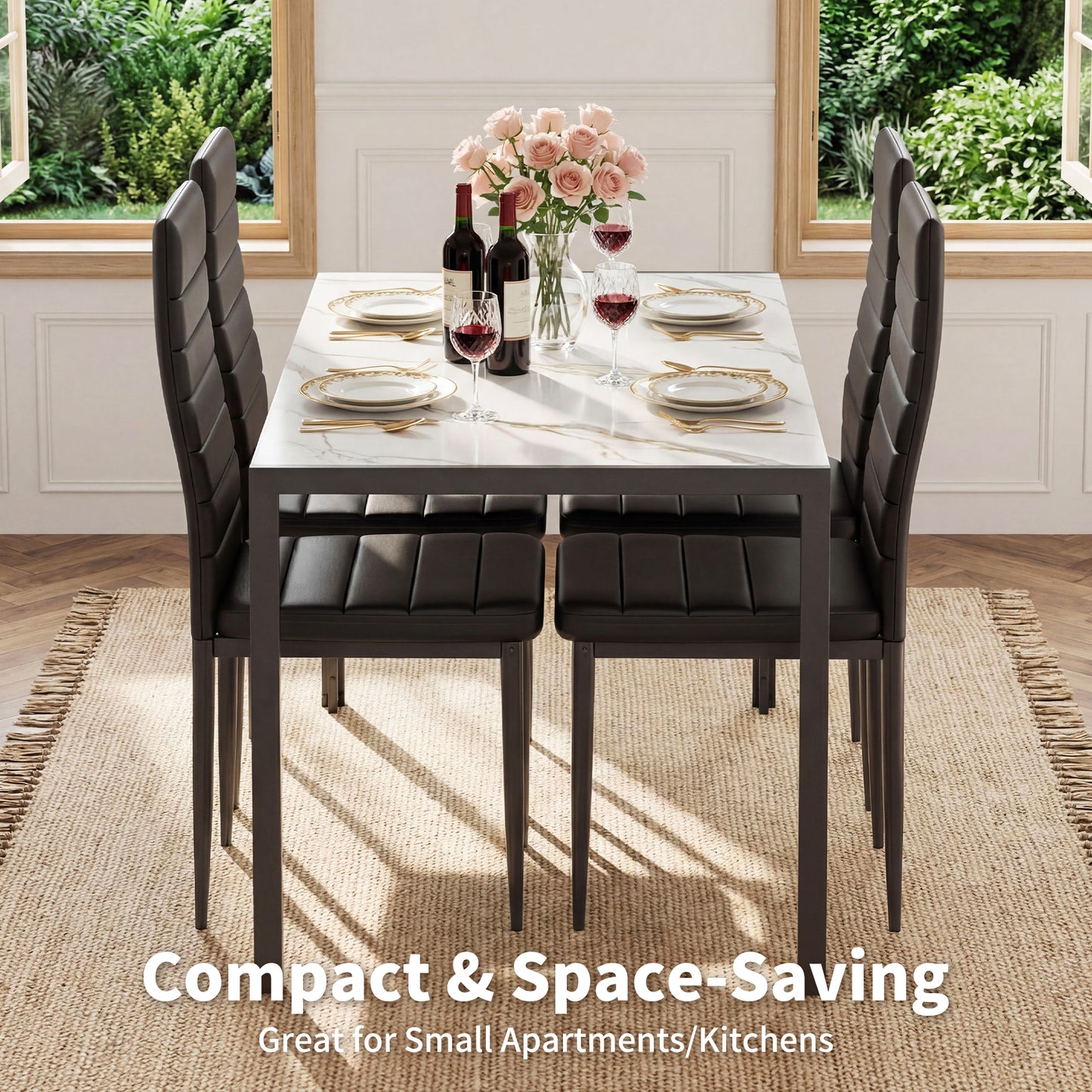 Dining Table Set for 4, Marble Dining Room Table Set for 4, Space Saving Kitchen Table and Chairs for 4, 5 Piece Dining Table Set with Sturdy Metal Frame for Living Room, Small Spaces.