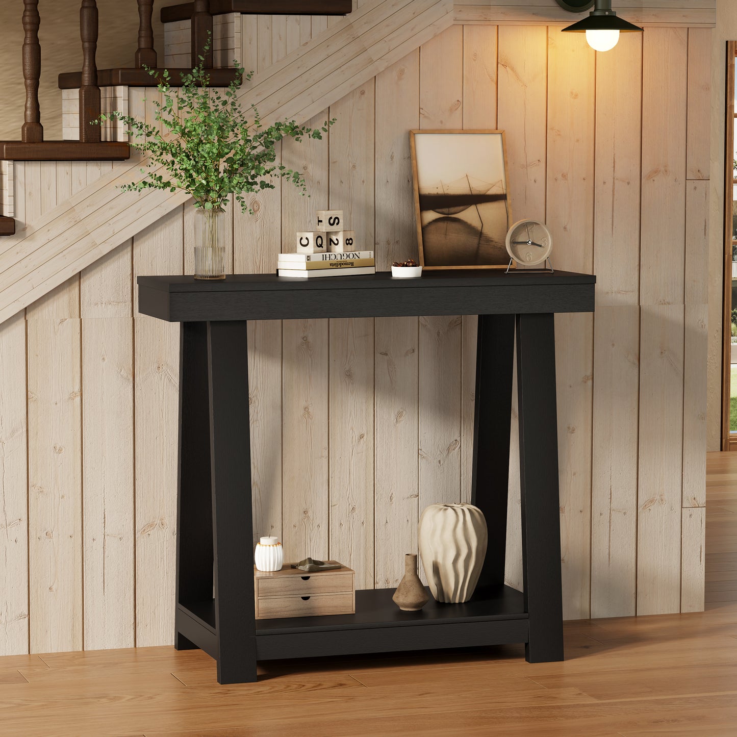 Small Solid Wood Console Table, Narrow Entryway Table with Open Shelves, Behind Couch Sofa Table for Hallway, Living Room, Foyer, Easy Assembly, 36'' Inch, Black