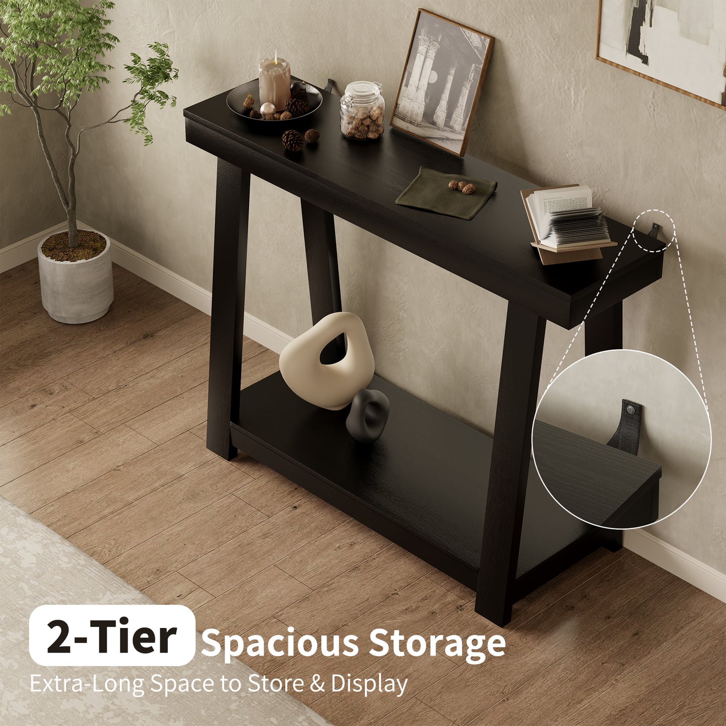 43.5'' Wood Entryway Table, Narrow Console Table with Storage, Behind Couch Sofa Table with Open Shelves for Hallway, Narrow Space, Easy Assembly, Black