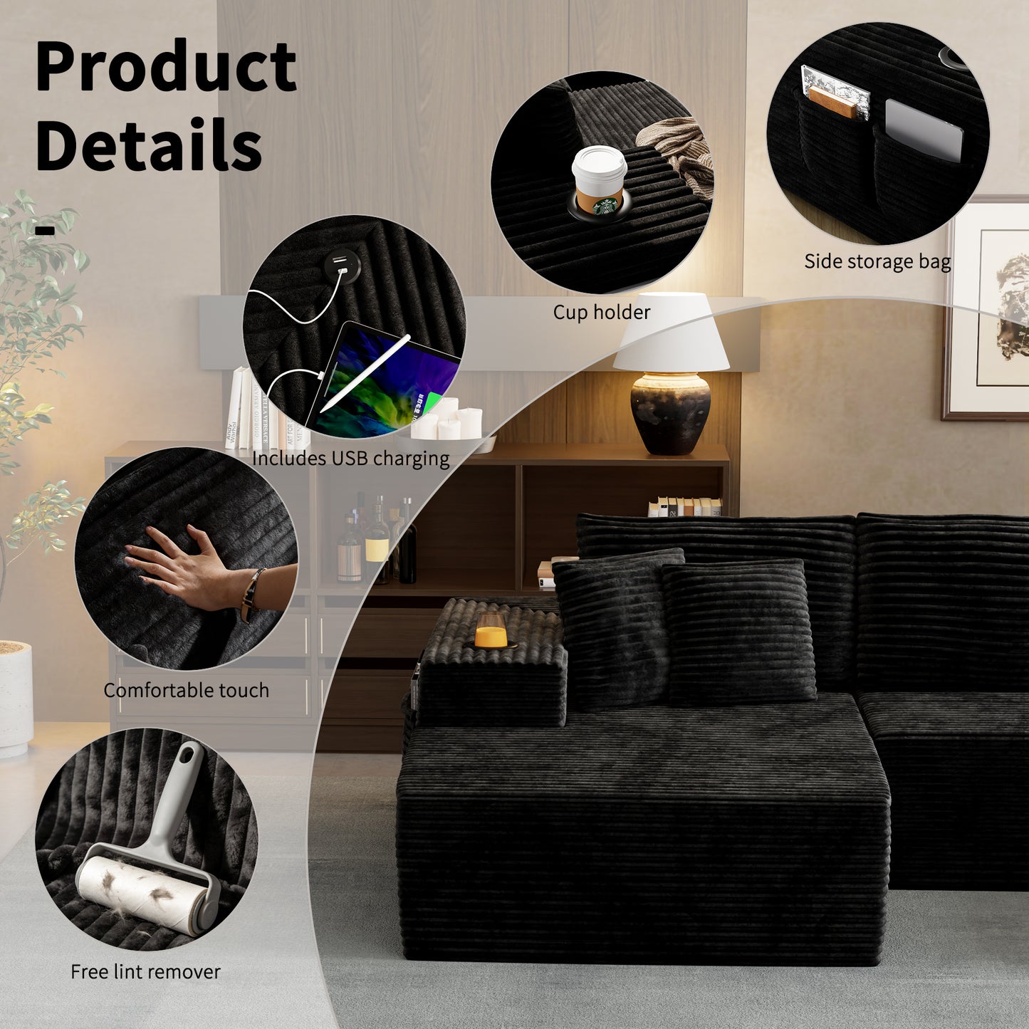 104.3'' L-Shape Cloud Sectional Couch, Modular Sectional Sofa with Side Pocket, Cup Holder&USB Port, Couch for Living Room Bedroom with Deep Seat, Plush Corduroy Fabric, No Assembly, Black