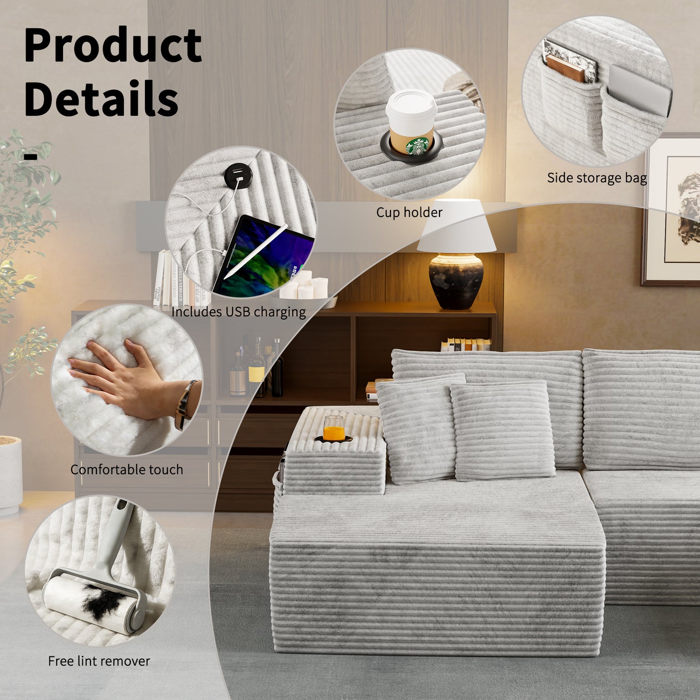 104.3'' L-Shape Cloud Sectional Couch, Modular Sectional Sofa with Side Pocket, Cup Holder&USB Port, Couch for Living Room Bedroom with Deep Seat, Plush Corduroy Fabric, No Assembly, Beige