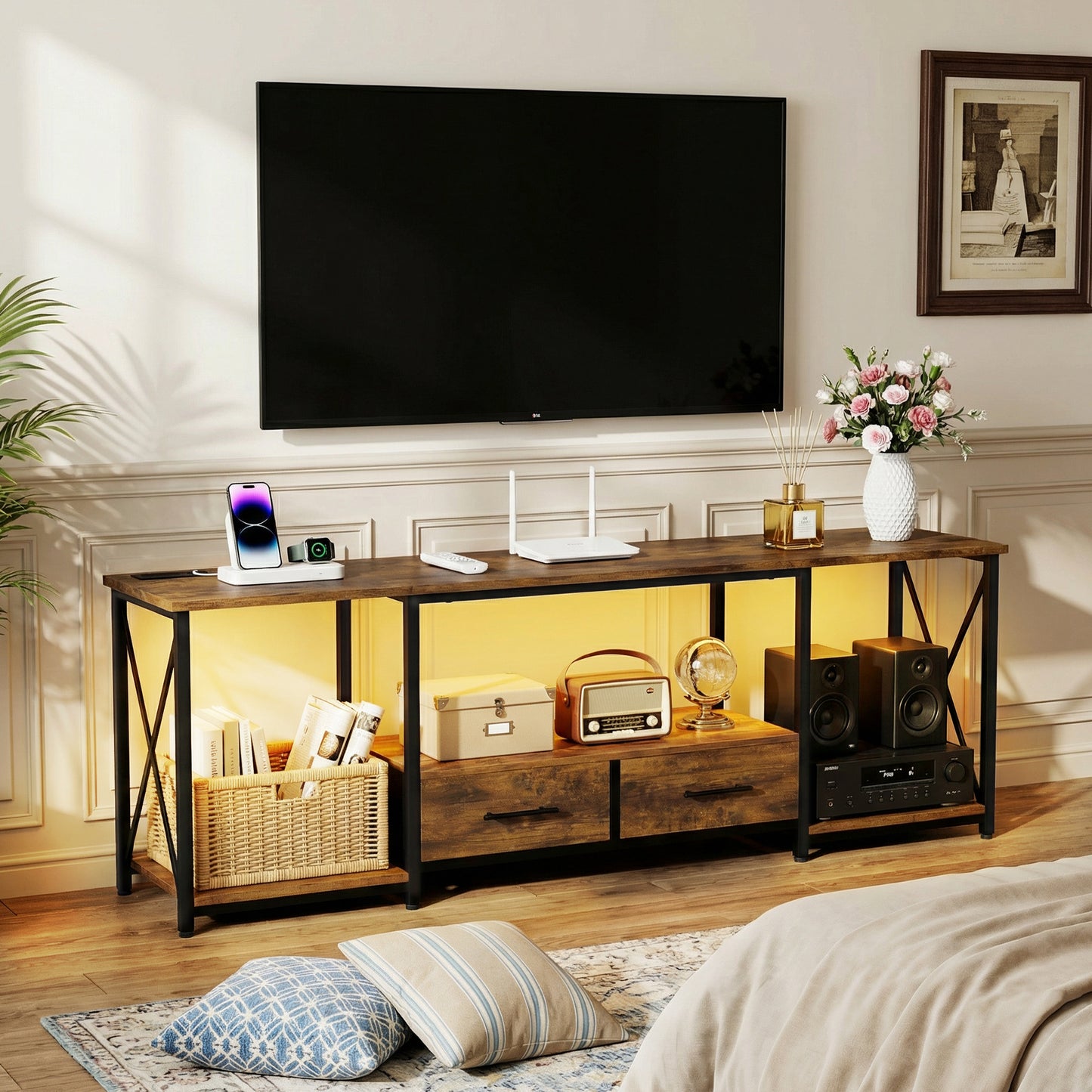 TV Stand for 75 Inch TV with Storage Drawers and Open Shelves, 63" Entertainment Center with LED Light and Charging Station, TV Cabinet Midea Console for Living Room, Bedroom(Rustic Brown)