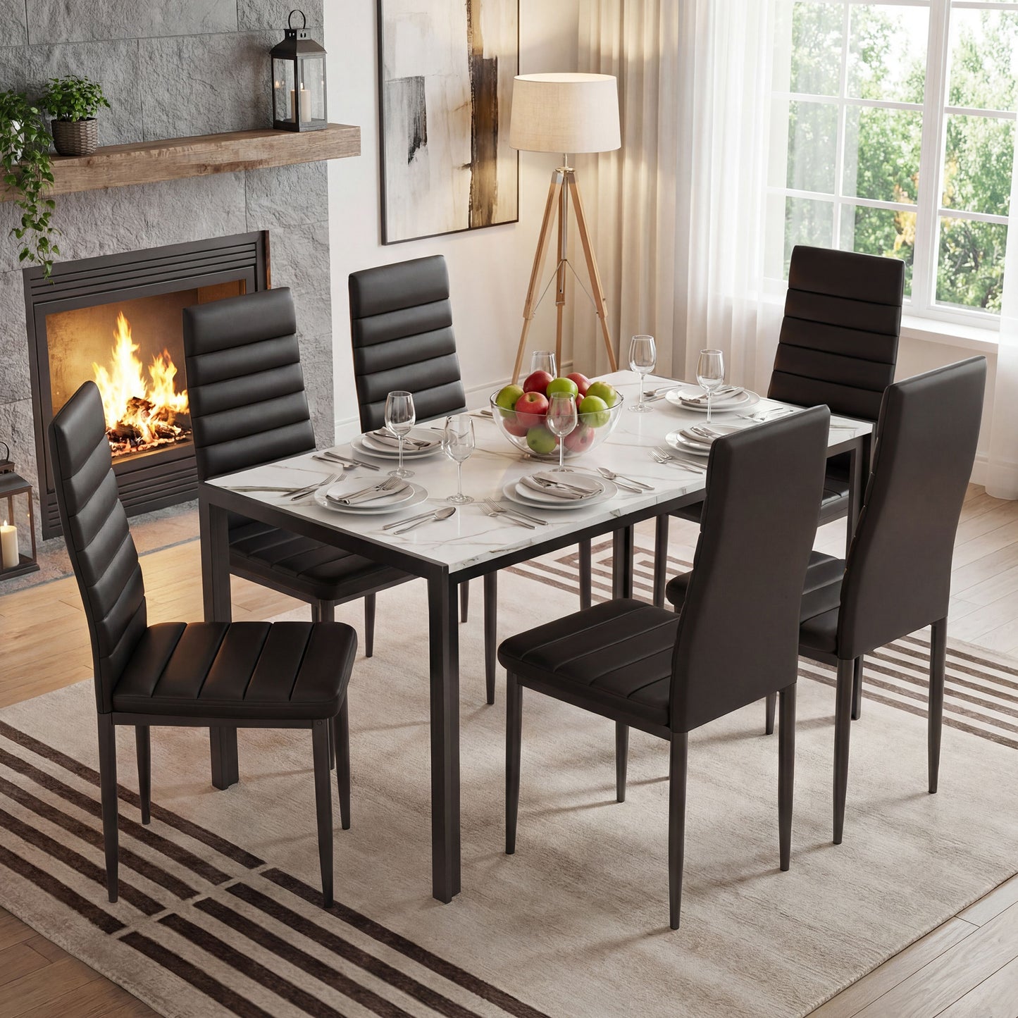 7 Piece Dining Table Set, Marble Dining Room Table Set for 6, Space Saving Kitchen Table and Chairs for 6, Dinner Table Set for Living Room, Sturdy Metal Frame, Small Spaces.