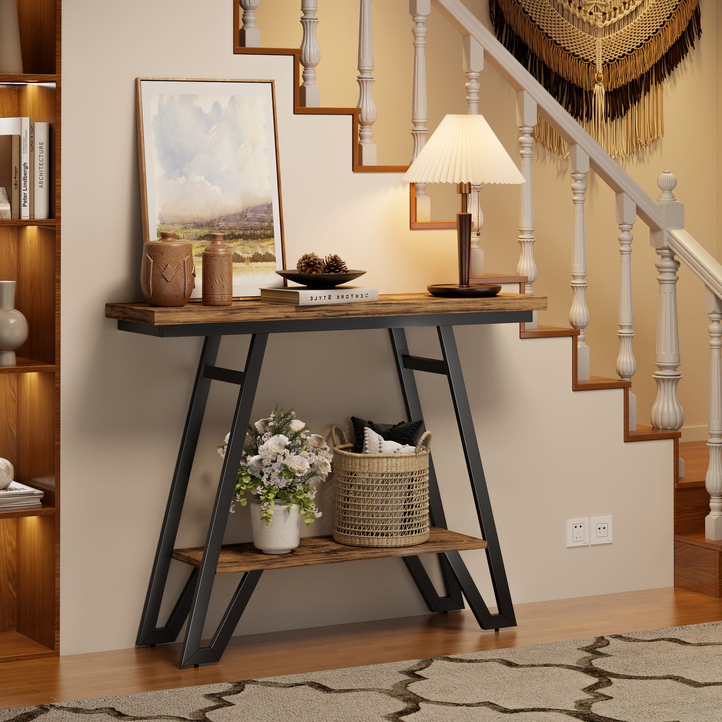 Console Table for Entryway, Space Saving Small Entryway Table with Open Shelves, Narrow Sofa Table Behind Couch for Living Room, Hallway, Easy Assembly, Wooden Top