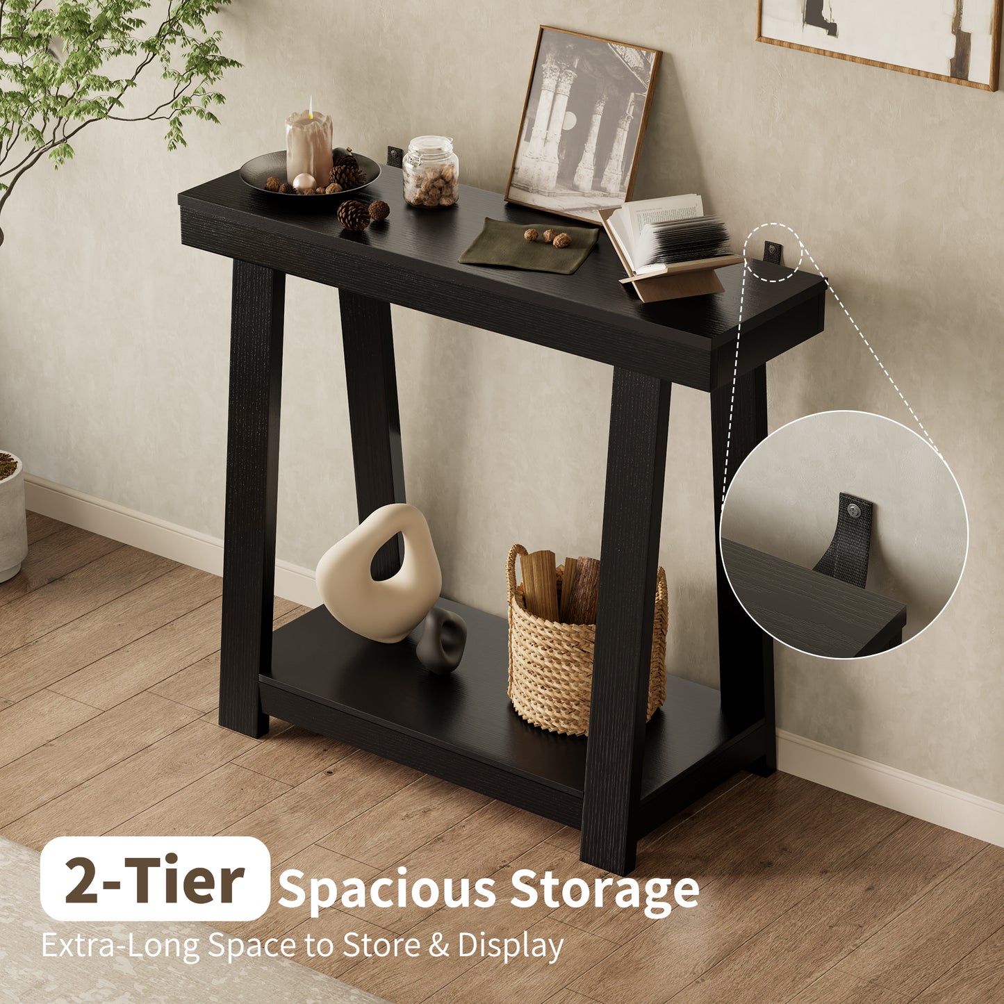 Small Solid Wood Console Table, Narrow Entryway Table with Open Shelves, Behind Couch Sofa Table for Hallway, Living Room, Foyer, Easy Assembly, 36'' Inch, Black