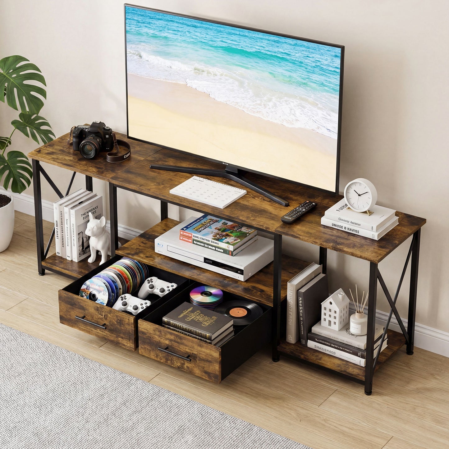 TV Stand for 75 Inch TV with Storage Drawers and Open Shelves, 63" Entertainment Center with LED Light and Charging Station, TV Cabinet Midea Console for Living Room, Bedroom(Rustic Brown)