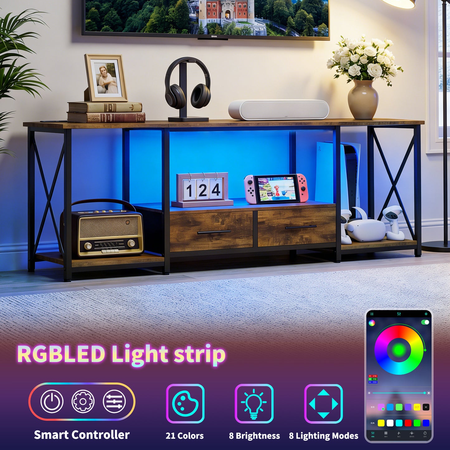 TV Stand for 75 Inch TV with Storage Drawers and Open Shelves, 63" Entertainment Center with LED Light and Charging Station, TV Cabinet Midea Console for Living Room, Bedroom(Rustic Brown)