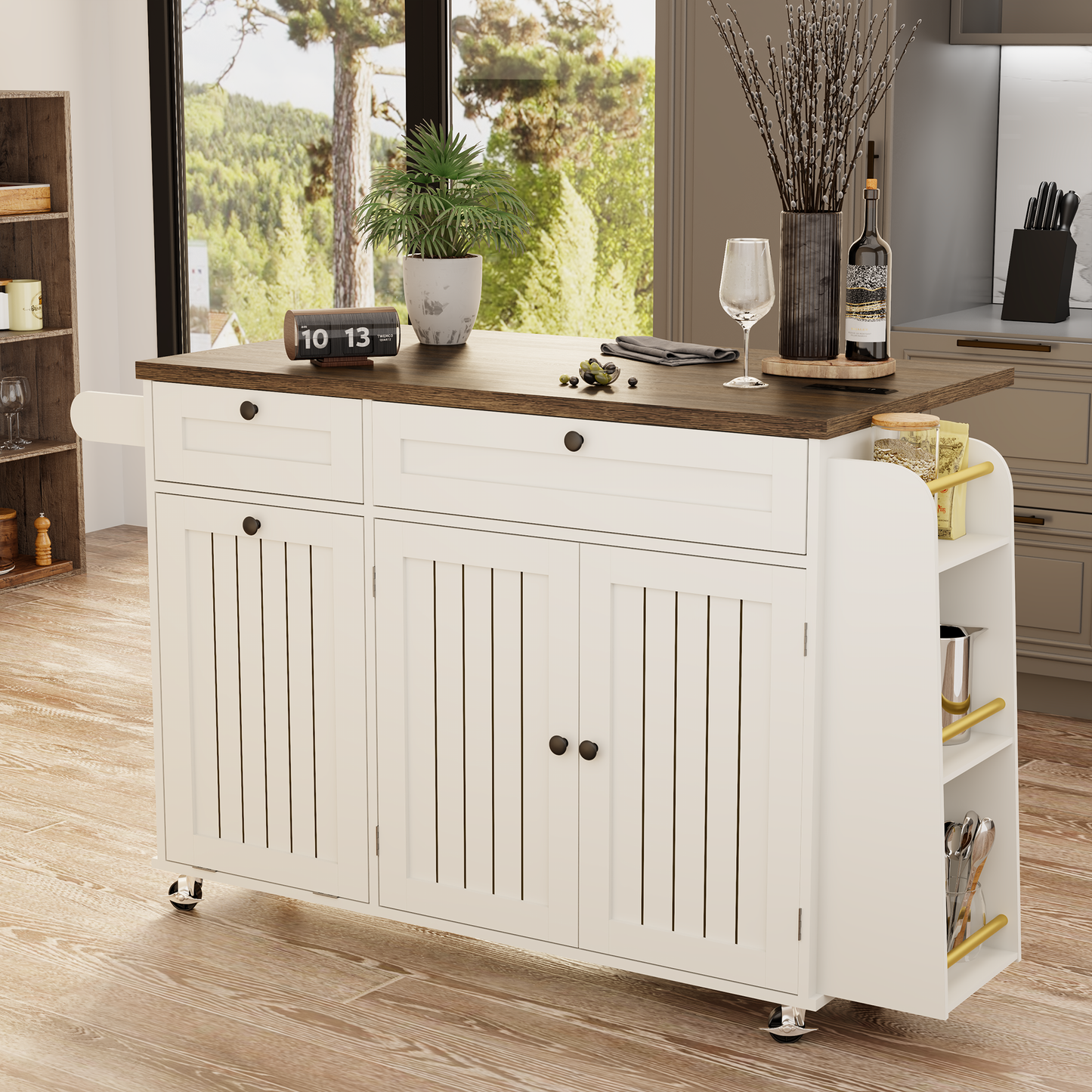 60.2" Rolling Kitchen Island with Storage & Power Outlet, Island Table for Kitchen with Drop Leaf, Hidden Trash Can, 3 Open Spice Rack & Towel Rack, Kitchen Island on Wheels, White