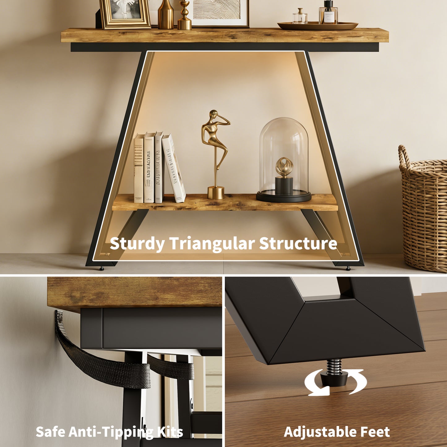 Console Table for Entryway, Space Saving Small Entryway Table with Open Shelves, Narrow Sofa Table Behind Couch for Living Room, Hallway, Easy Assembly, Wooden Top