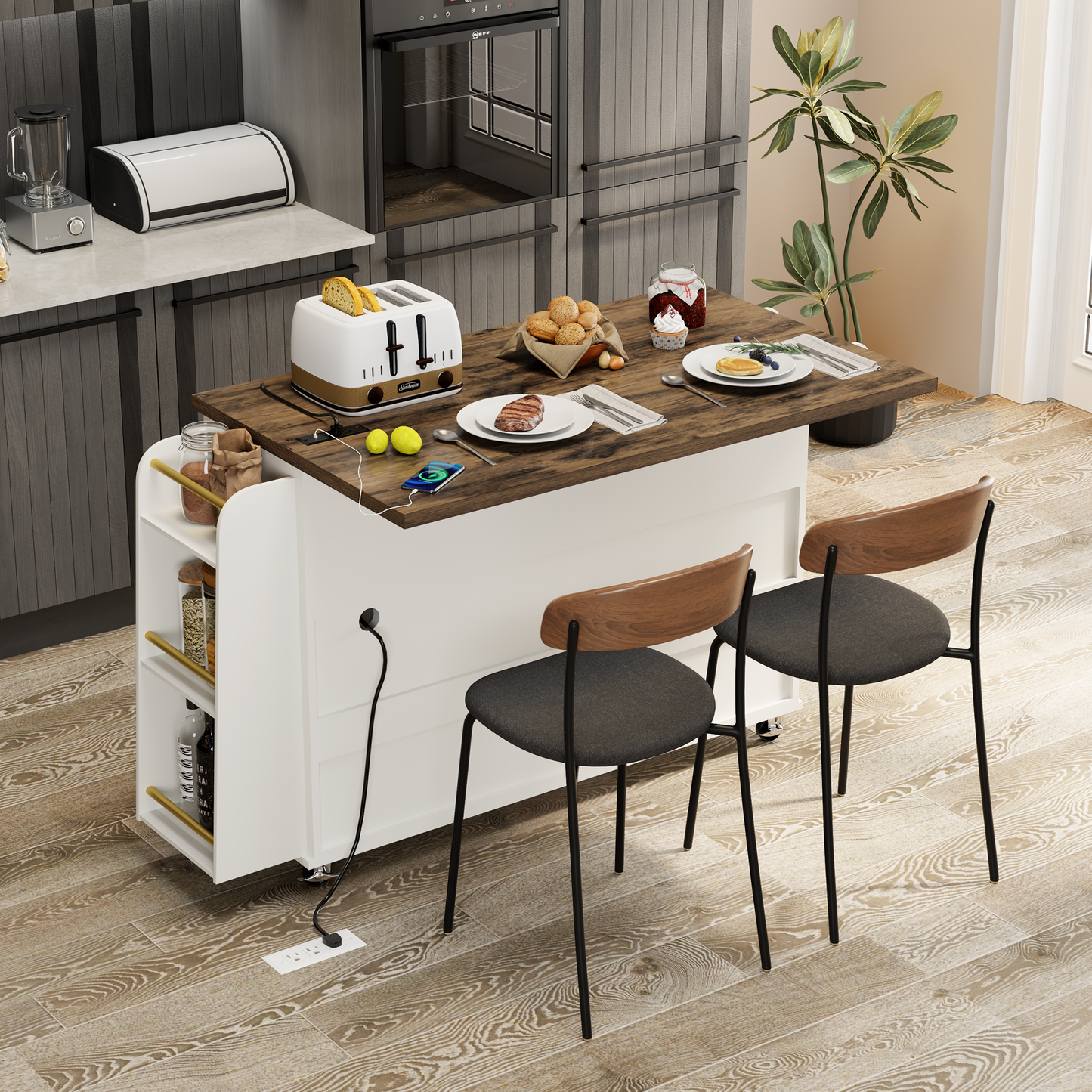 60.2" Rolling Kitchen Island with Storage & Power Outlet, Island Table for Kitchen with Drop Leaf, Hidden Trash Can, 3 Open Spice Rack & Towel Rack, Kitchen Island on Wheels, White