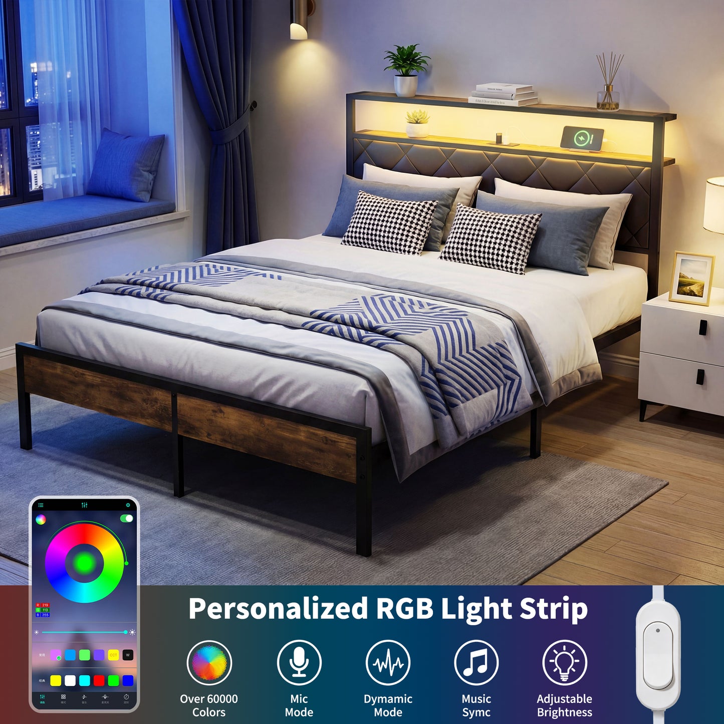 Lofitage Queen Bed Frame with Storage Headboard and Footboard, Metal Platform Bed Frame with Charging Station and LED Lights, Noise Free & Easy Assembly, Upholstered Headboard, No Box Spring Needed.