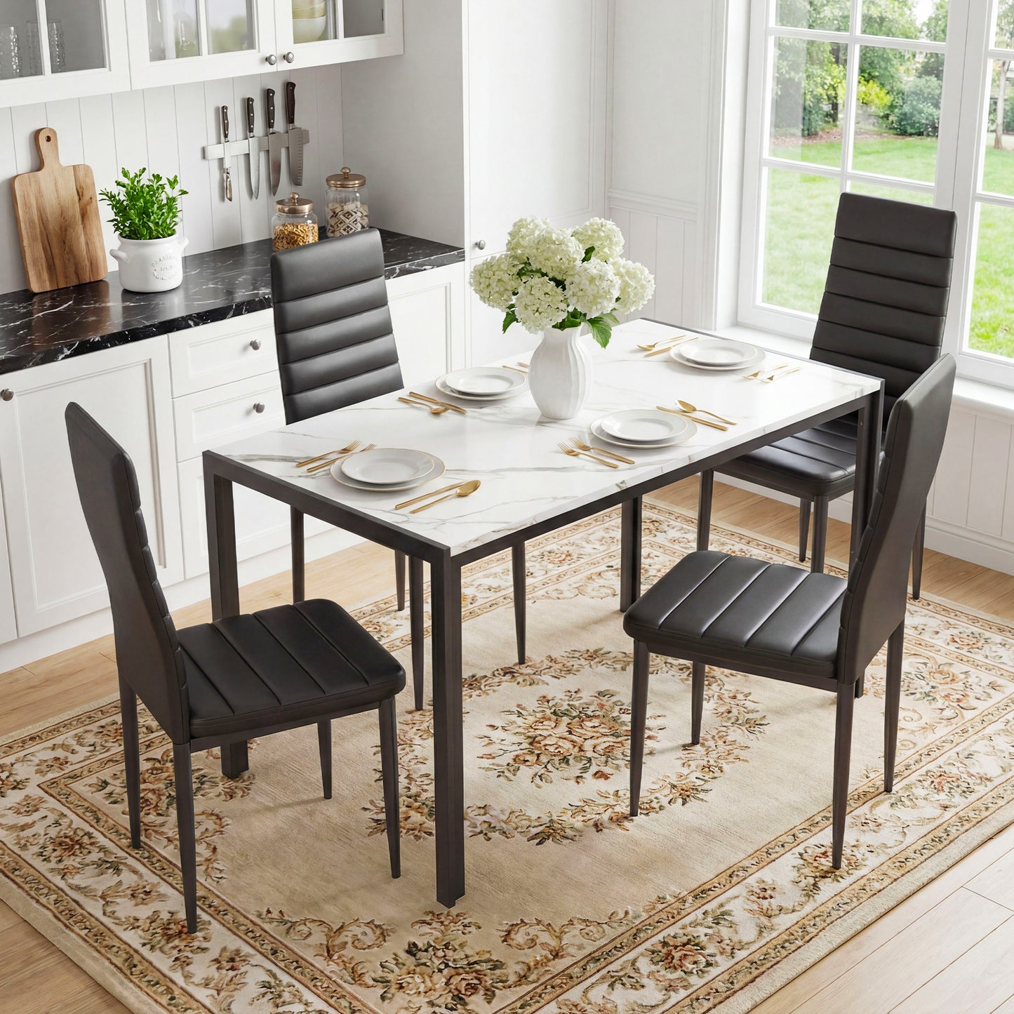 Dining Table Set for 4, Marble Dining Room Table Set for 4, Space Saving Kitchen Table and Chairs for 4, 5 Piece Dining Table Set with Sturdy Metal Frame for Living Room, Small Spaces.
