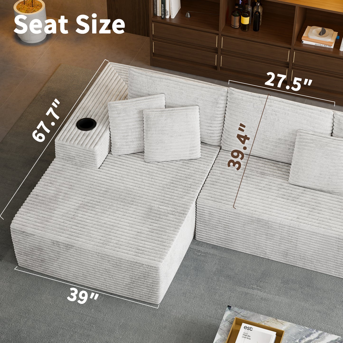 104.3'' L-Shape Cloud Sectional Couch, Modular Sectional Sofa with Side Pocket, Cup Holder&USB Port, Couch for Living Room Bedroom with Deep Seat, Plush Corduroy Fabric, No Assembly, Beige
