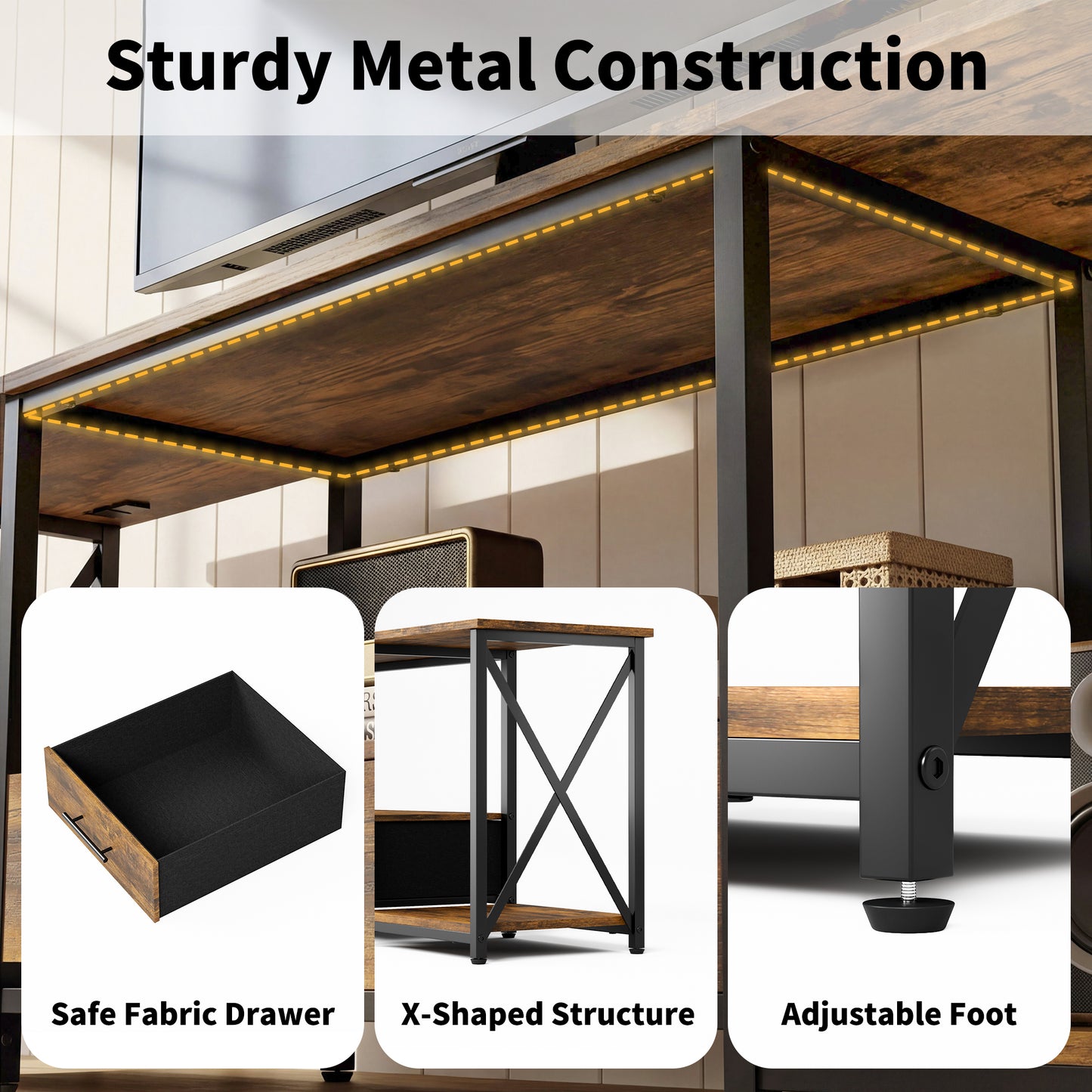 TV Stand for 75 Inch TV with Storage Drawers and Open Shelves, 63" Entertainment Center with LED Light and Charging Station, TV Cabinet Midea Console for Living Room, Bedroom(Rustic Brown)
