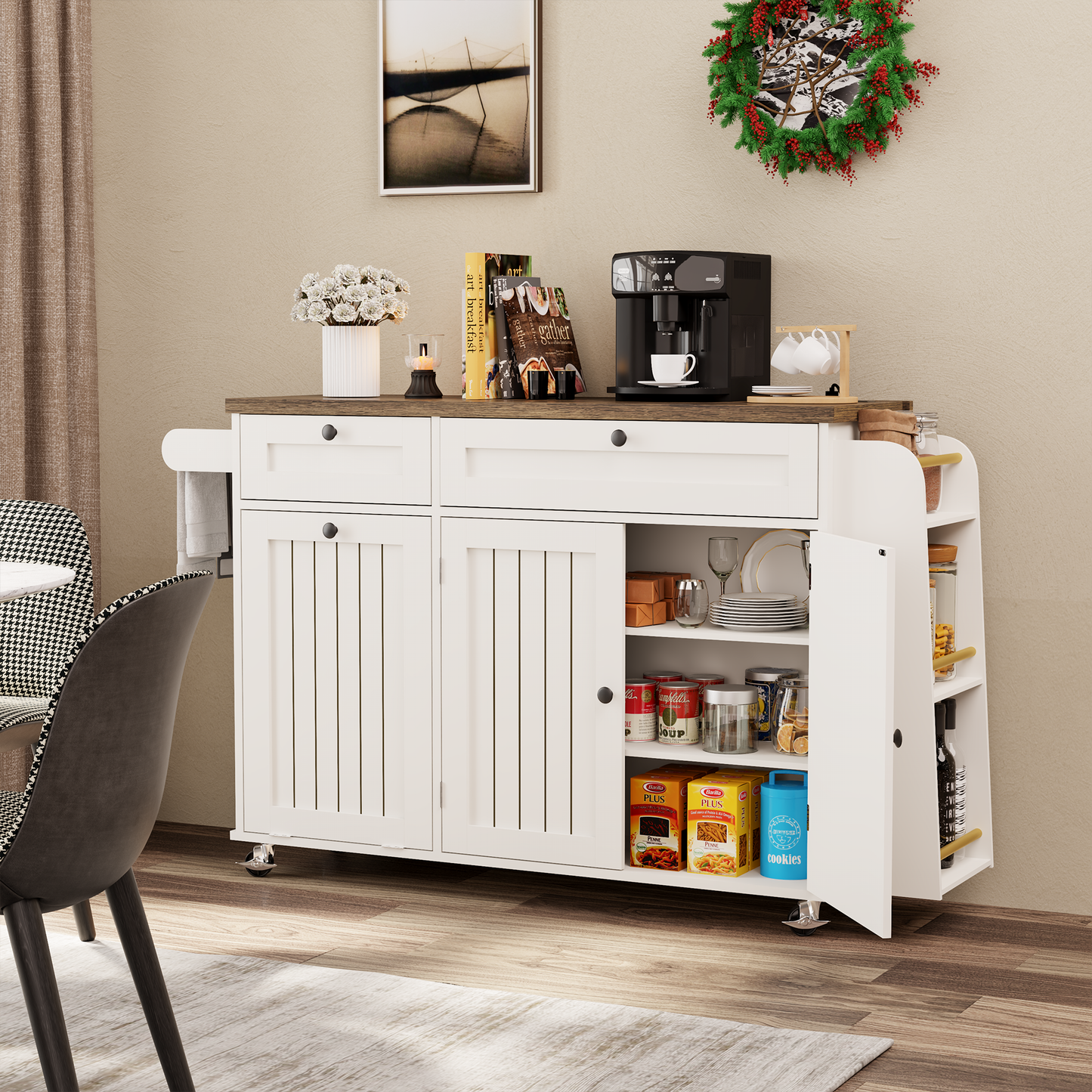 60.2" Rolling Kitchen Island with Storage & Power Outlet, Island Table for Kitchen with Drop Leaf, Hidden Trash Can, 3 Open Spice Rack & Towel Rack, Kitchen Island on Wheels, White