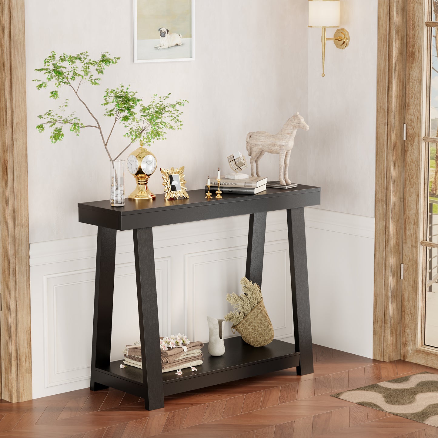 43.5'' Wood Entryway Table, Narrow Console Table with Storage, Behind Couch Sofa Table with Open Shelves for Hallway, Narrow Space, Easy Assembly, Black