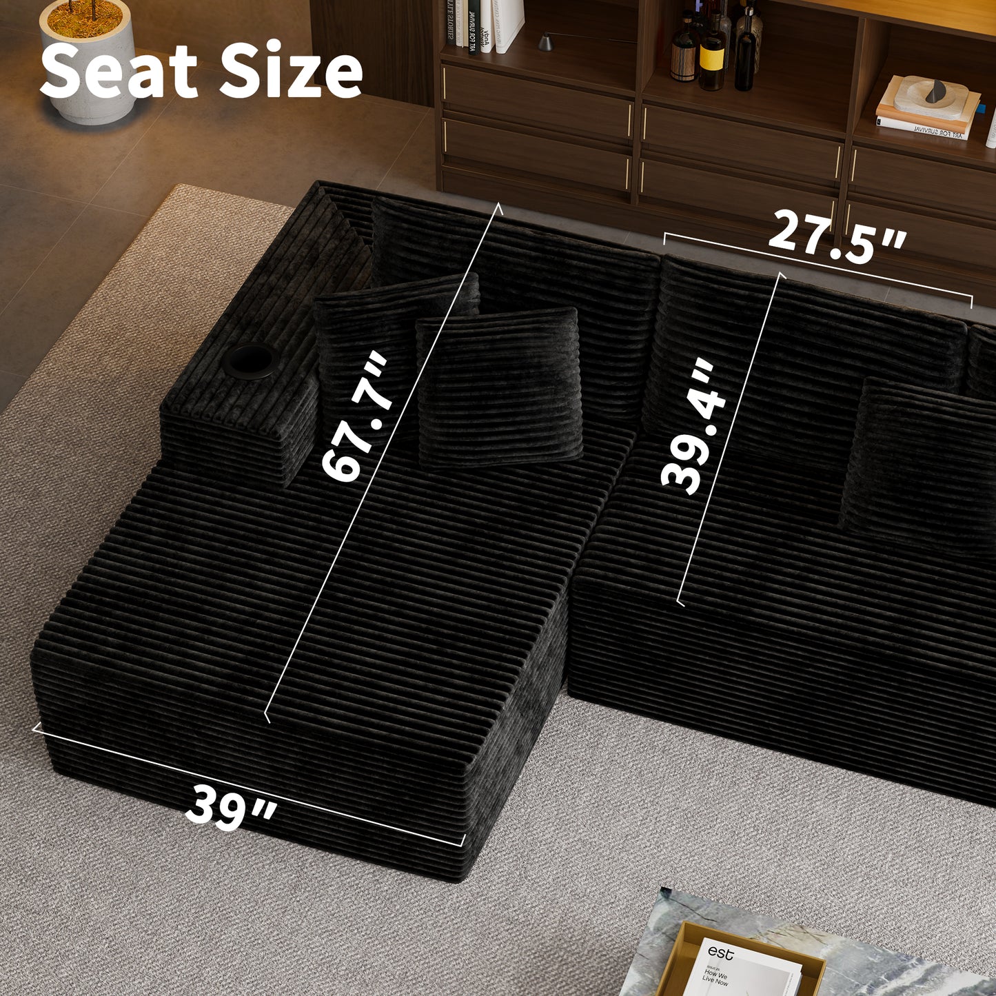 104.3'' L-Shape Cloud Sectional Couch, Modular Sectional Sofa with Side Pocket, Cup Holder&USB Port, Couch for Living Room Bedroom with Deep Seat, Plush Corduroy Fabric, No Assembly, Black