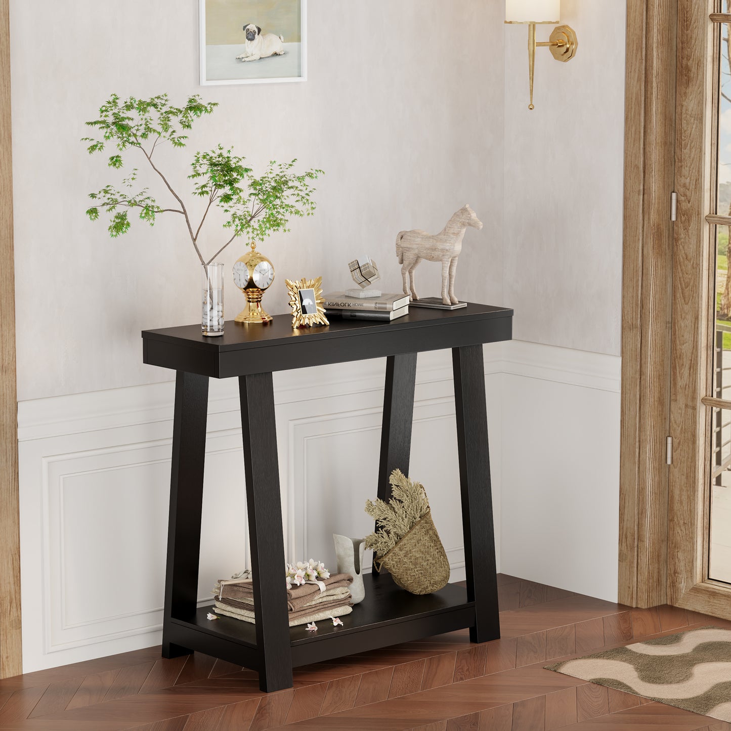 Small Solid Wood Console Table, Narrow Entryway Table with Open Shelves, Behind Couch Sofa Table for Hallway, Living Room, Foyer, Easy Assembly, 36'' Inch, Black