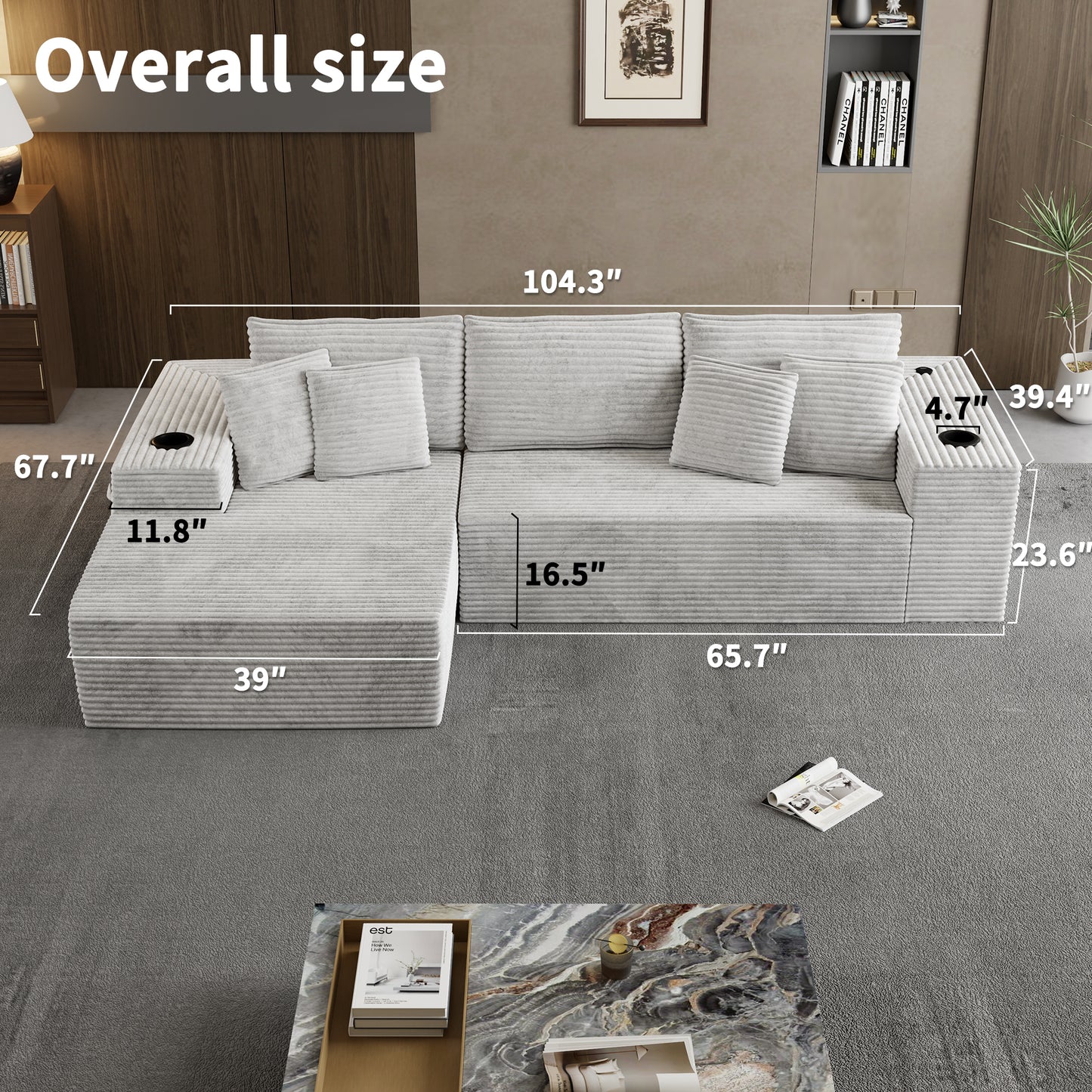 104.3'' L-Shape Cloud Sectional Couch, Modular Sectional Sofa with Side Pocket, Cup Holder&USB Port, Couch for Living Room Bedroom with Deep Seat, Plush Corduroy Fabric, No Assembly, Beige