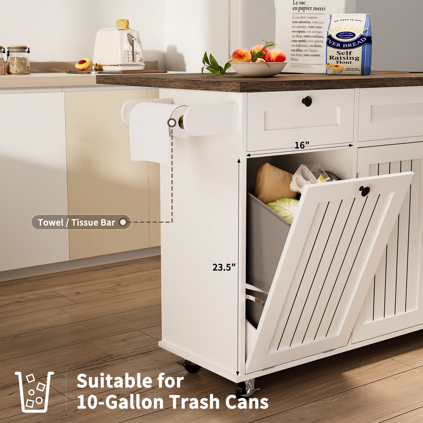 60.2" Rolling Kitchen Island with Storage & Power Outlet, Island Table for Kitchen with Drop Leaf, Hidden Trash Can, 3 Open Spice Rack & Towel Rack, Kitchen Island on Wheels, White