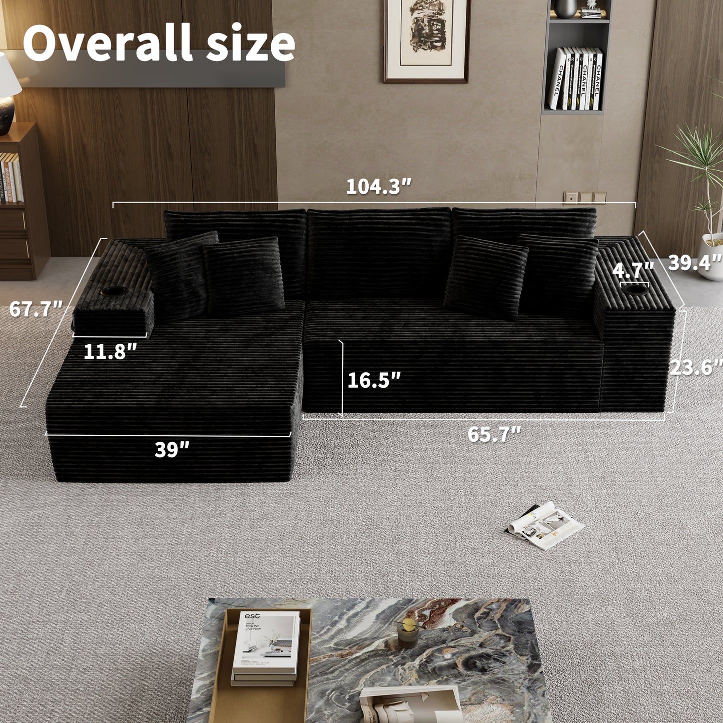 104.3'' L-Shape Cloud Sectional Couch, Modular Sectional Sofa with Side Pocket, Cup Holder&USB Port, Couch for Living Room Bedroom with Deep Seat, Plush Corduroy Fabric, No Assembly, Black