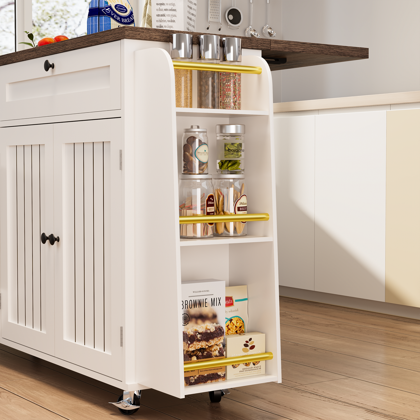 60.2" Rolling Kitchen Island with Storage & Power Outlet, Island Table for Kitchen with Drop Leaf, Hidden Trash Can, 3 Open Spice Rack & Towel Rack, Kitchen Island on Wheels, White