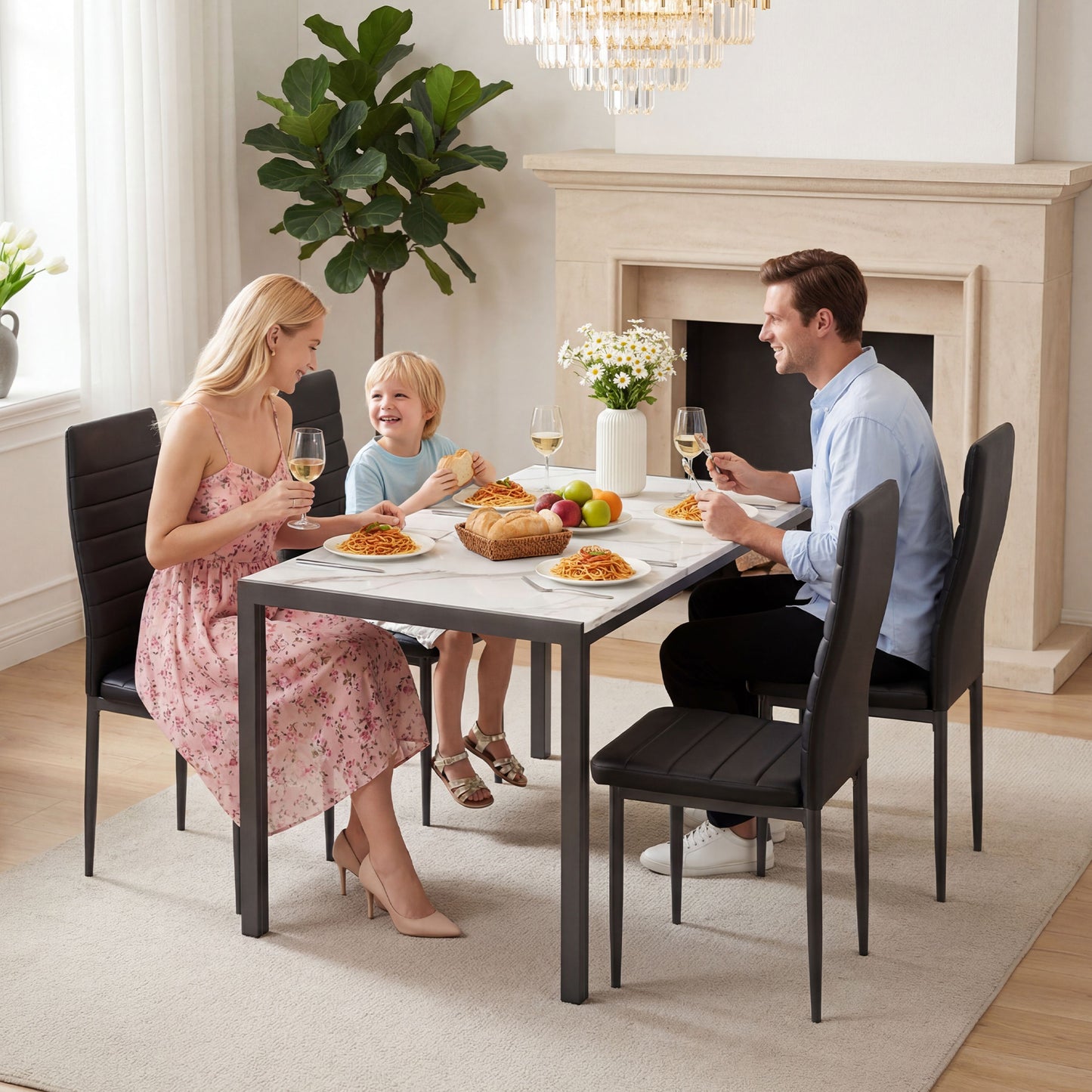 Dining Table Set for 4, Marble Dining Room Table Set for 4, Space Saving Kitchen Table and Chairs for 4, 5 Piece Dining Table Set with Sturdy Metal Frame for Living Room, Small Spaces.