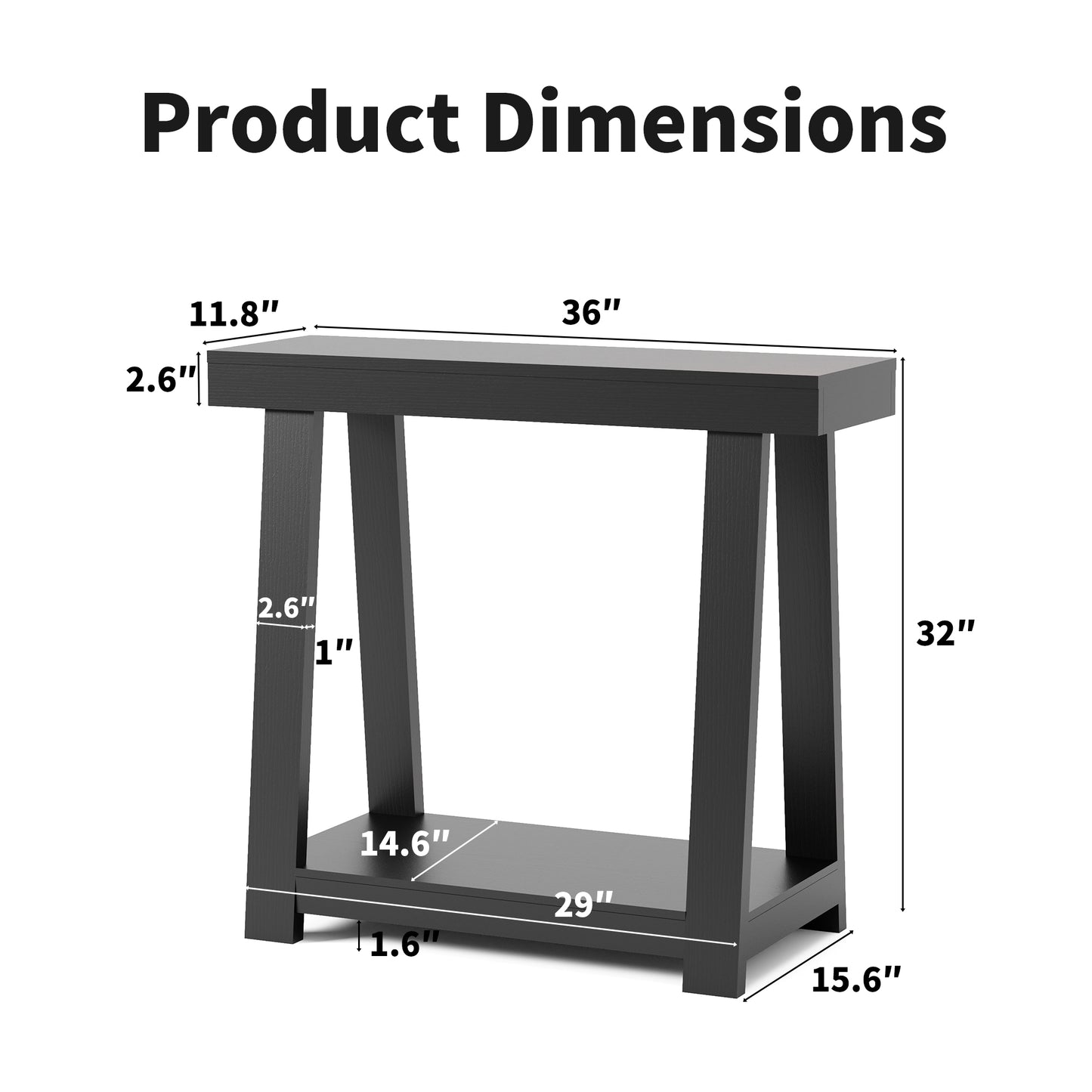 Small Solid Wood Console Table, Narrow Entryway Table with Open Shelves, Behind Couch Sofa Table for Hallway, Living Room, Foyer, Easy Assembly, 36'' Inch, Black