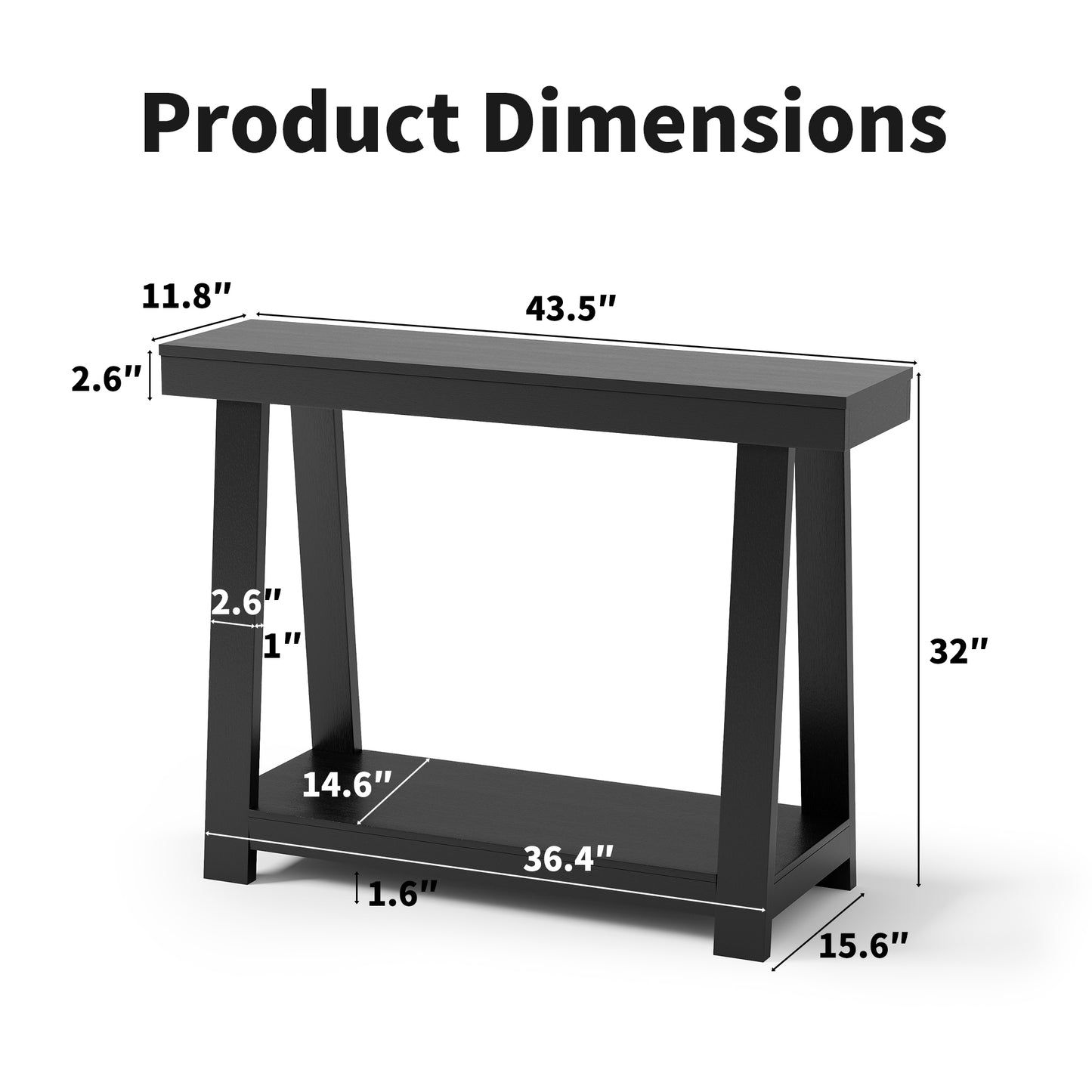 43.5'' Wood Entryway Table, Narrow Console Table with Storage, Behind Couch Sofa Table with Open Shelves for Hallway, Narrow Space, Easy Assembly, Black