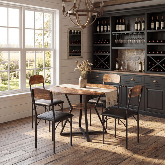 42'' Round Dining Table Set for 4, Space Saving Wood Kitchen Table and Chairs Set for 4 with Faux Leather Chairs, Extra Storage, Vintage Brown