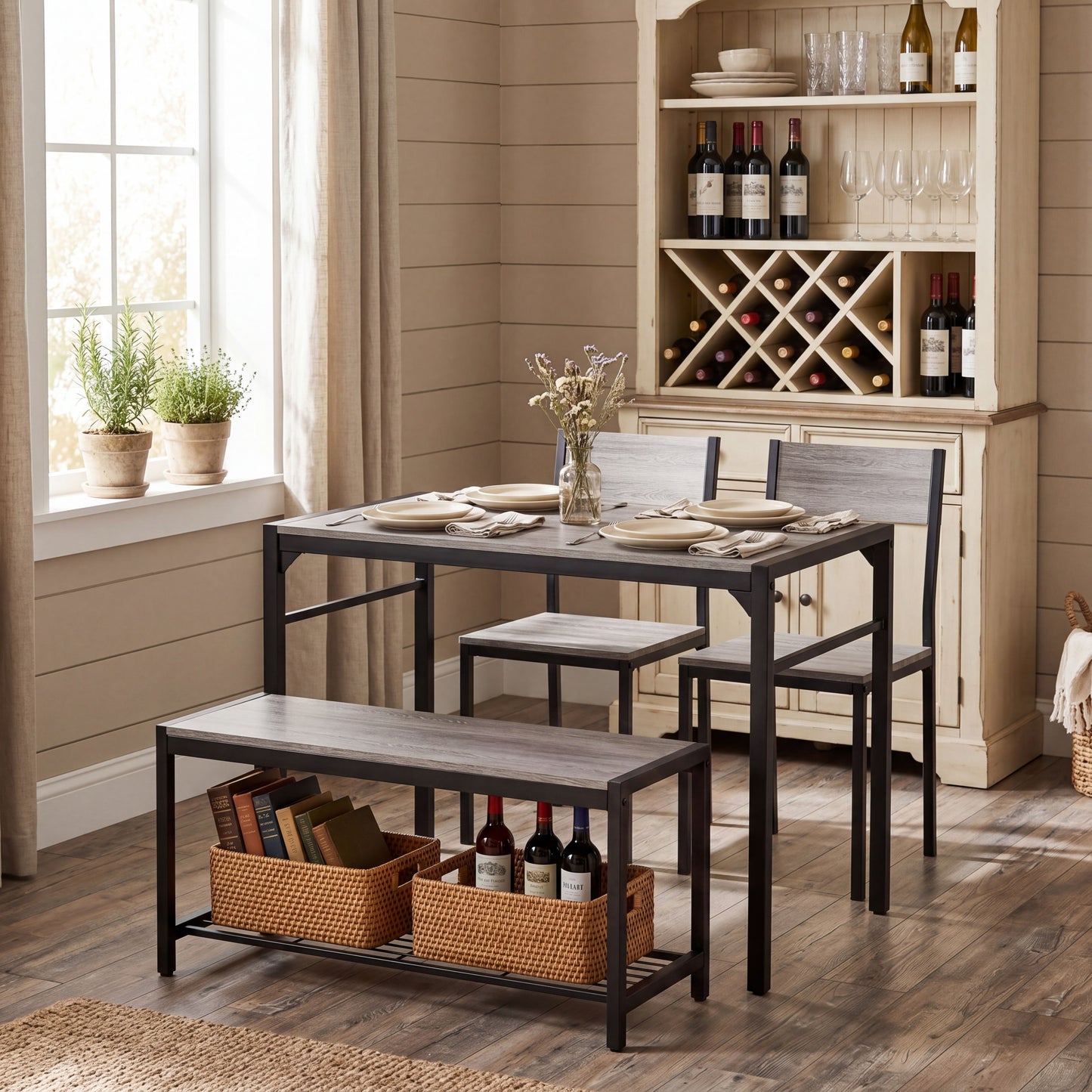 Dining Table Set for 4 with Bench, 4 Pieces Kitchen Table and Chairs, Space-Saving Dinner Table for Kitchen, Dining Room, Apartment, Extra Storage, Sturdy Construction, Easy Assembly(Grey)