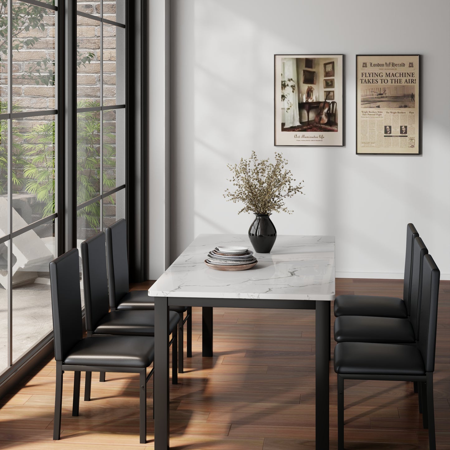 7 Piece Dining Table Set for 6, Compact Kitchen Table and Chairs Set of 6 with Faux Marble Top & Sturdy Metal Frame, Modern Dinner Table Set for Small Spaces, Apartment, White & Black