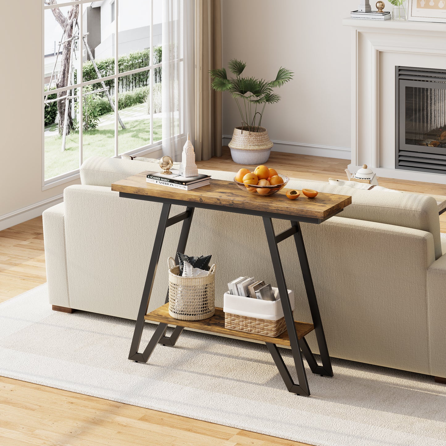 Console Table for Entryway, Space Saving Small Entryway Table with Open Shelves, Narrow Sofa Table Behind Couch for Living Room, Hallway, Easy Assembly, Wooden Top