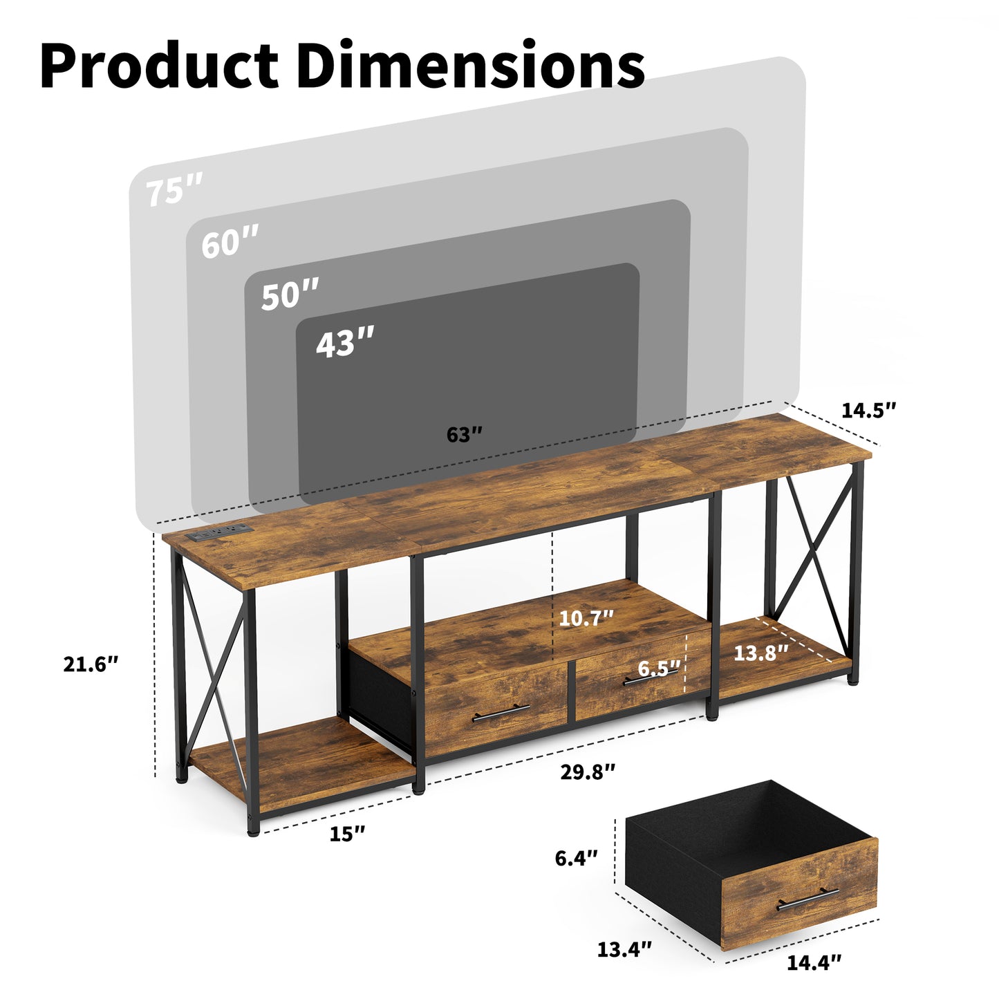 TV Stand for 75 Inch TV with Storage Drawers and Open Shelves, 63" Entertainment Center with LED Light and Charging Station, TV Cabinet Midea Console for Living Room, Bedroom(Rustic Brown)