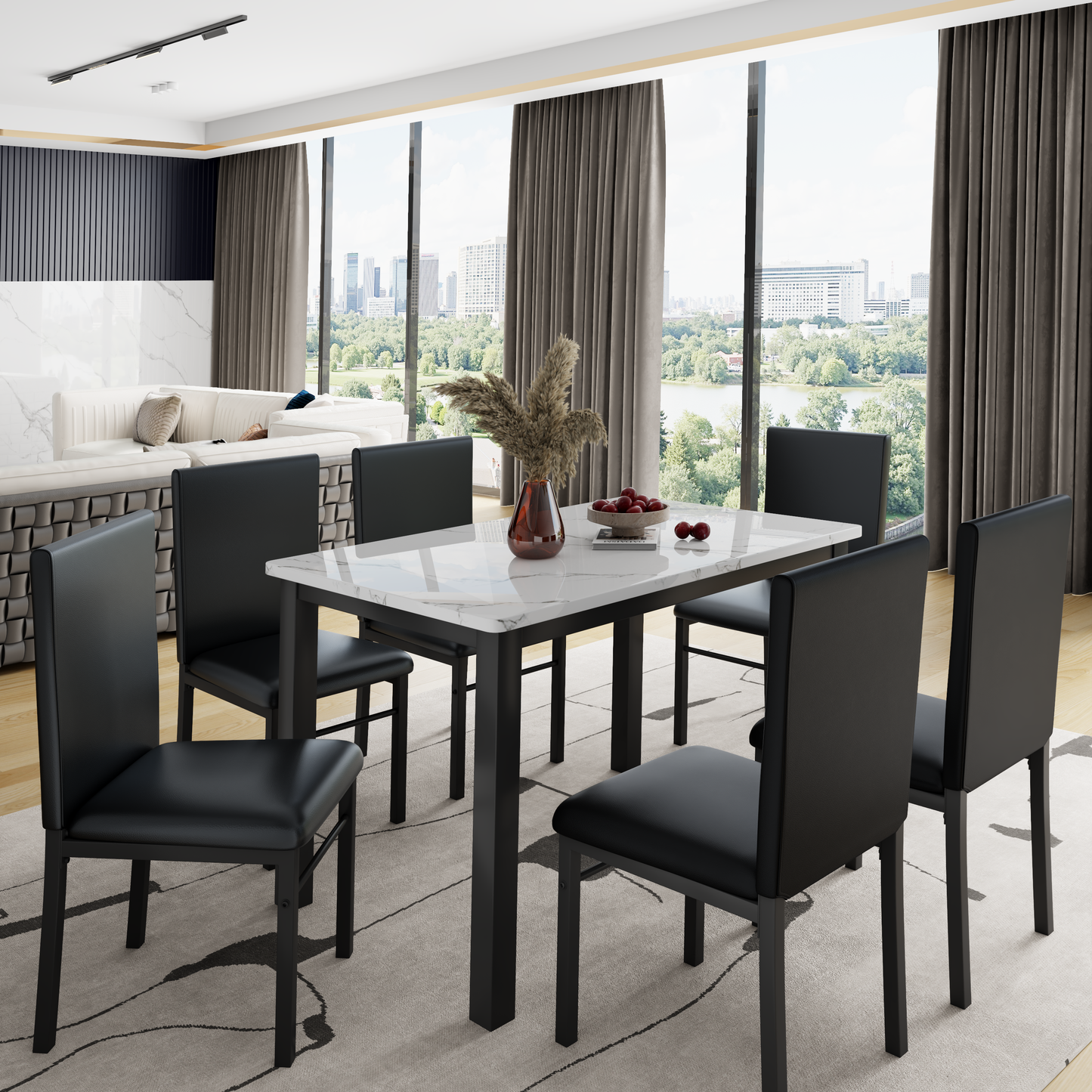 7 Piece Dining Table Set for 6, Compact Kitchen Table and Chairs Set of 6 with Faux Marble Top & Sturdy Metal Frame, Modern Dinner Table Set for Small Spaces, Apartment, White & Black